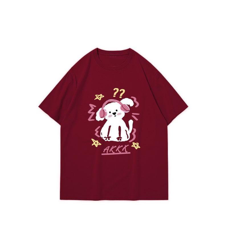 Short Sleeve Dog & Lettering Print Loose-Fit Tee Product Image