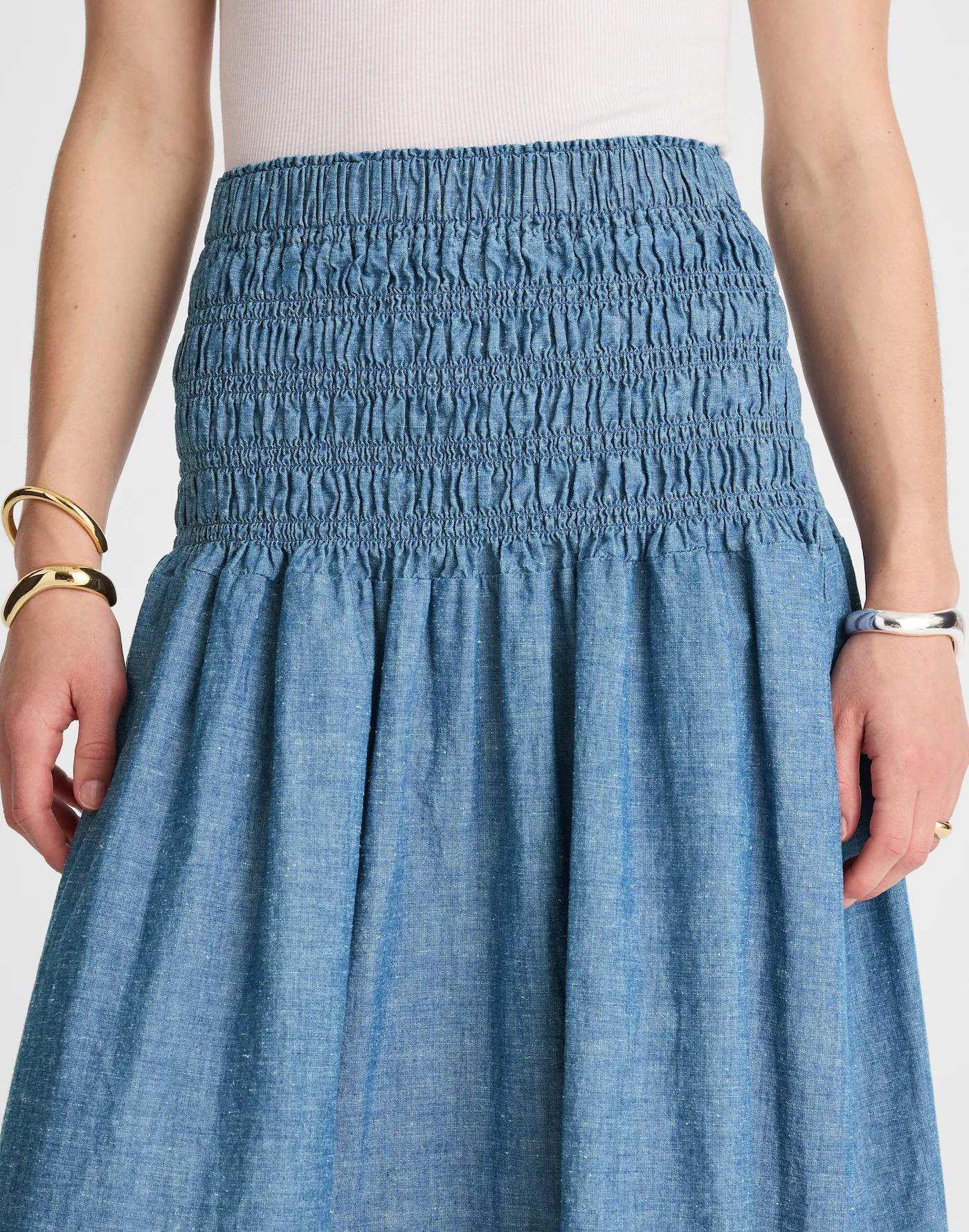 Smocked-Waist Denim Midi Skirt Product Image
