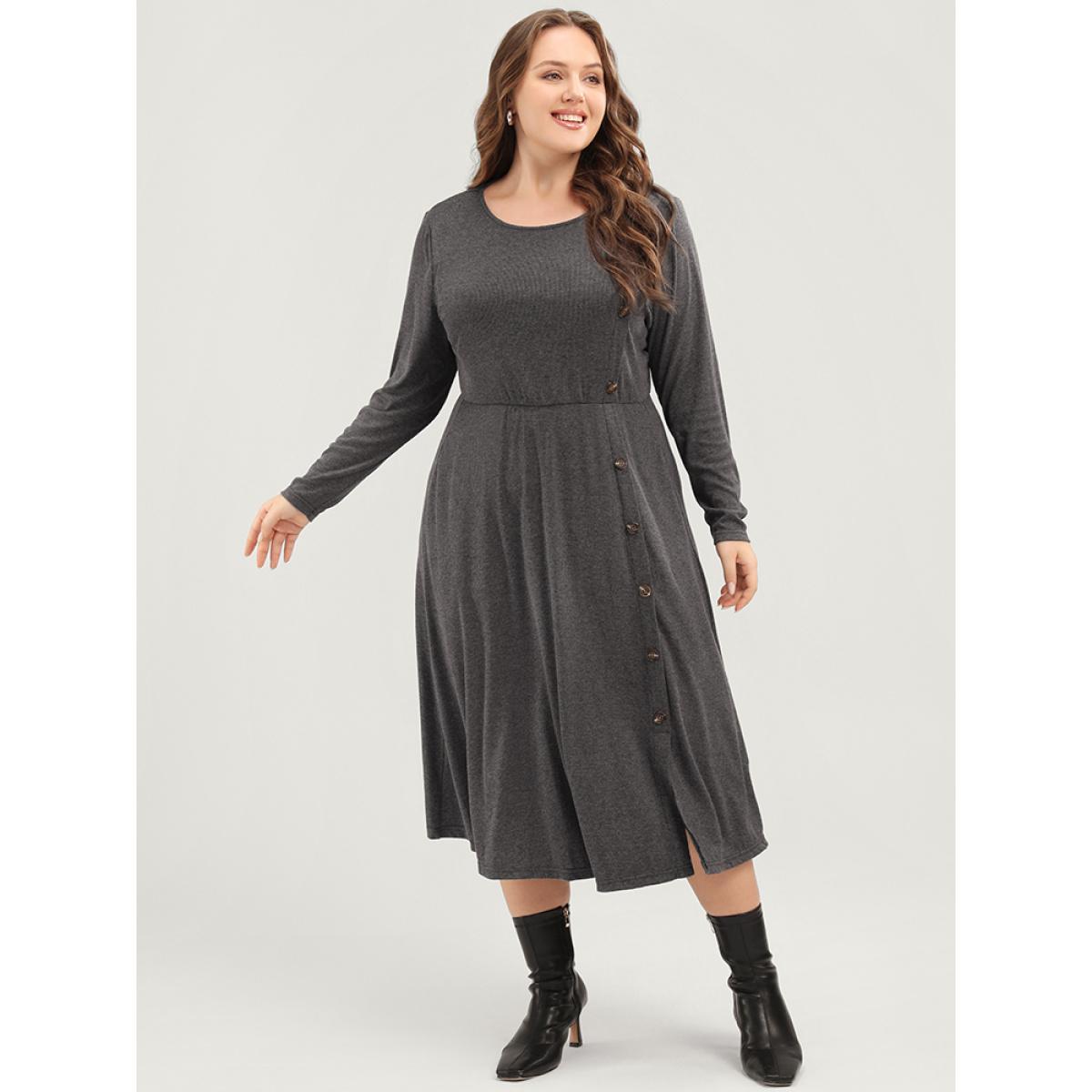 Plus Size Solid Round Neck Pocket Button Detail Ruffle Hem Dress Gray Women Elegant Button Round Neck Long Sleeve Curvy Midi Dress BloomChic 30/6X Product Image