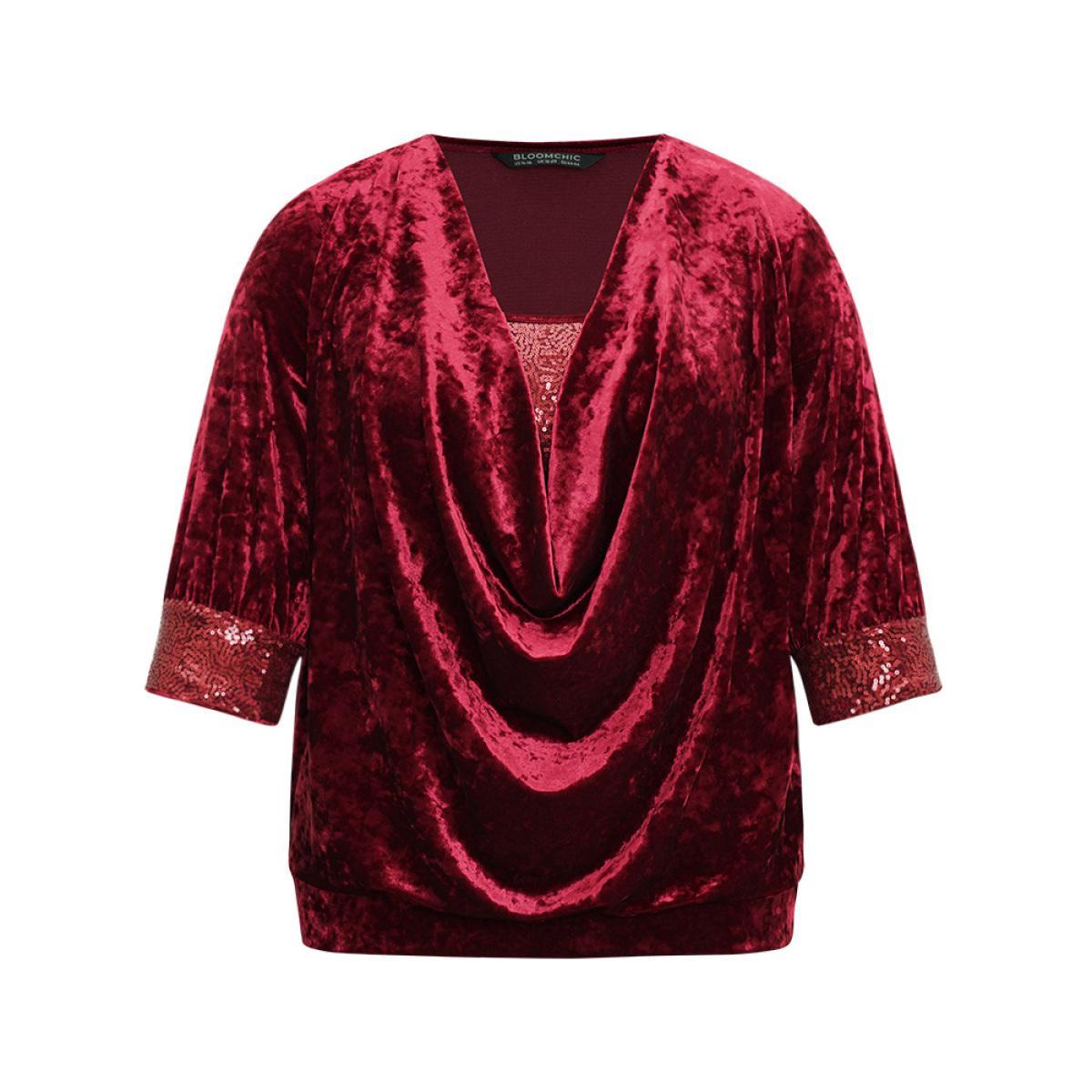 Plus Size Scarlet Cowl Neck 2-In-1 Sequin Patchwork Blouse Women Cocktail Elbow-length sleeve Cowl Neck Party Blouses BloomChic 18-20/2X Product Image