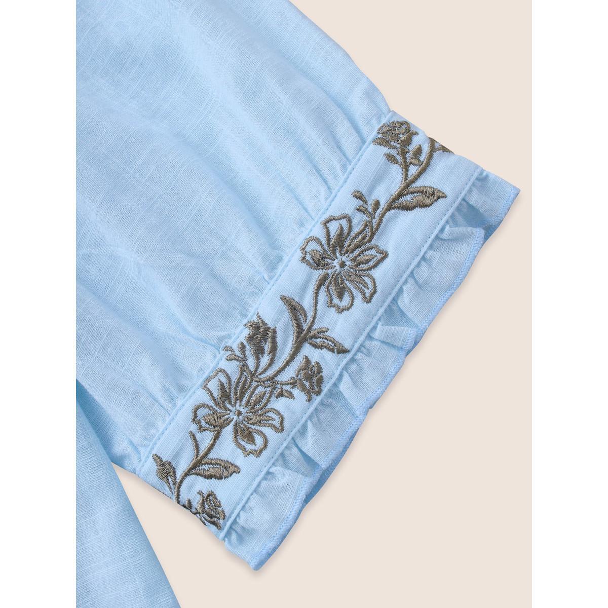 Plus Size LightBlue Cotton Floral Embroidered Notched Collar Frill Trim Blouse Women Casual Elbow-length sleeve Stand-up collar Everyday Blouses BloomChic 30/6X Product Image