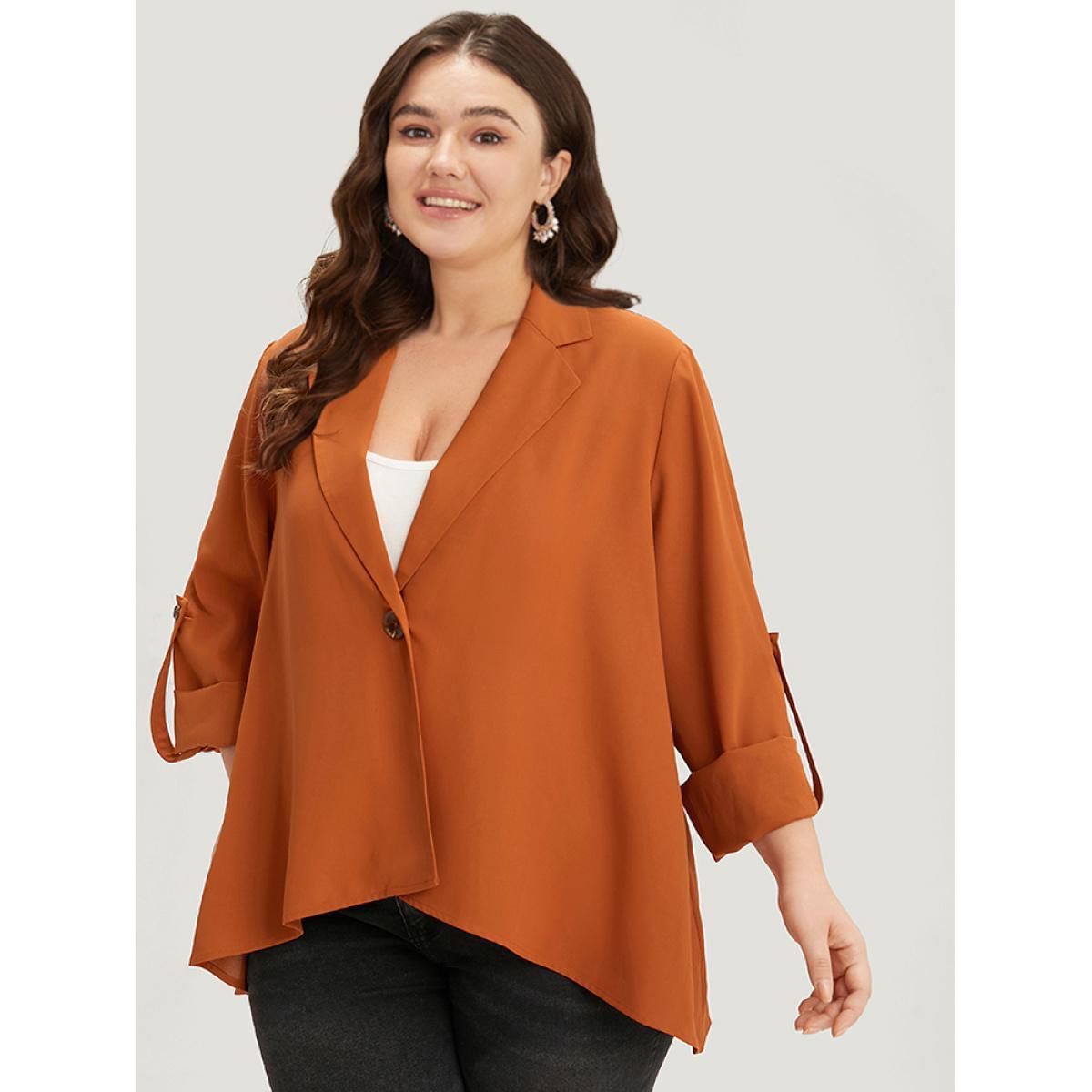 Plus Size Plain Button Up Tab Sleeve High Low Hem Blazer Chocolate Women Work Plain Drape Sleeve Long Sleeve Lapel Collar 22-24/3X At the Office Blazers BloomChic Product Image