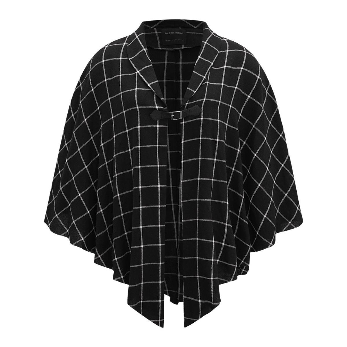Plus Size Plaid Buckle Detail Cape Kimono Women Black Casual Contrast Loose Dailywear Kimonos BloomChic 22-24/3X Product Image