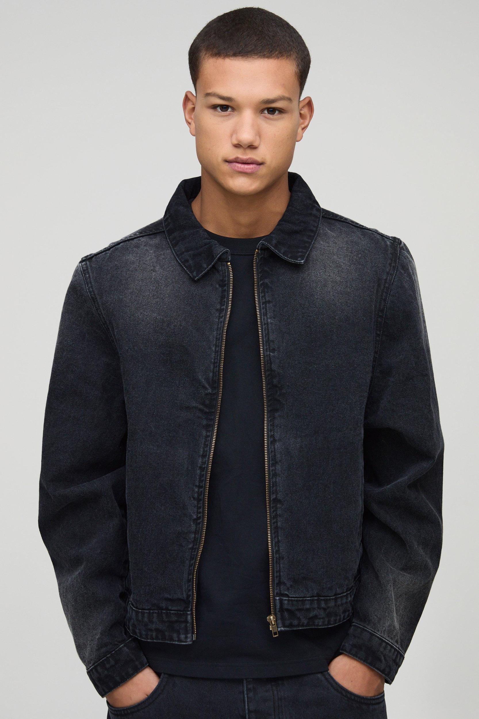 Harrington Washed Black Jean Jacket | boohooMAN USA Product Image