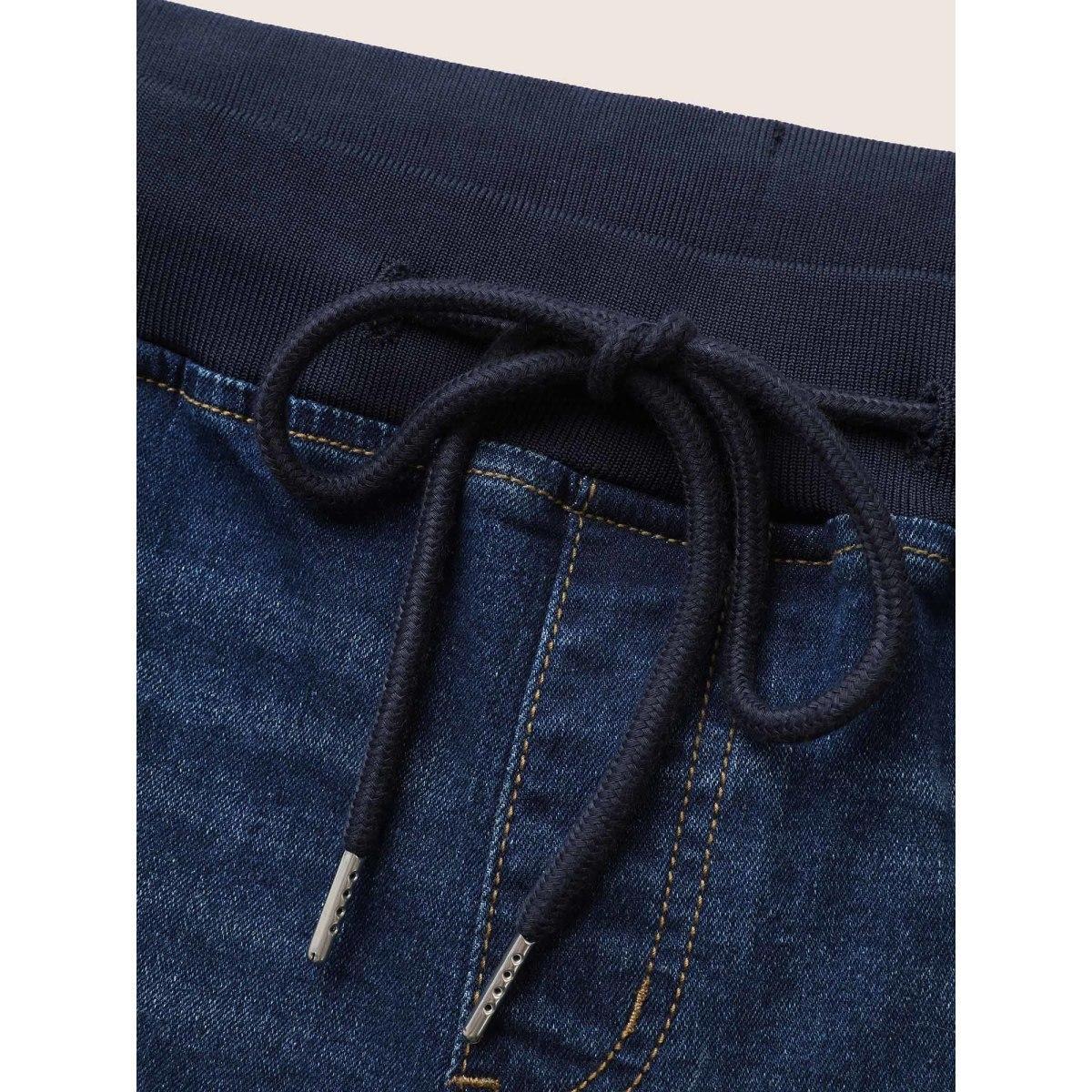 Plus Size Dark Wash Slit Hem Drawstring Cropped Jeans Women Denimblue Casual Drawstring High stretch Slanted pocket Jeans BloomChic 30/6X Product Image