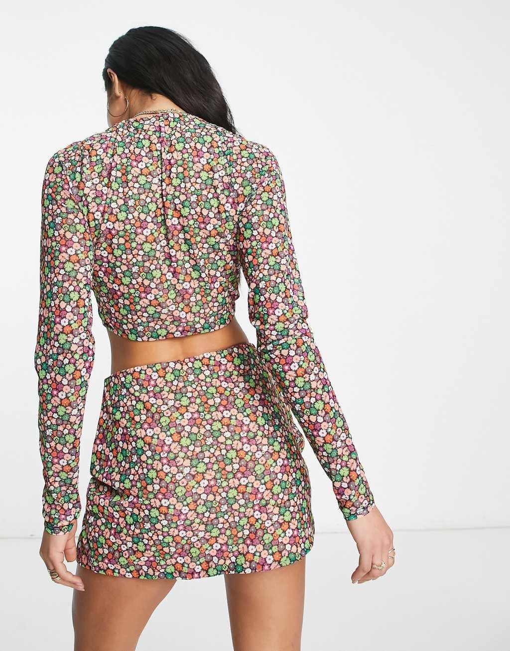 AFRM Charmin long sleeve ruched front mesh top in floral - part of a set Product Image