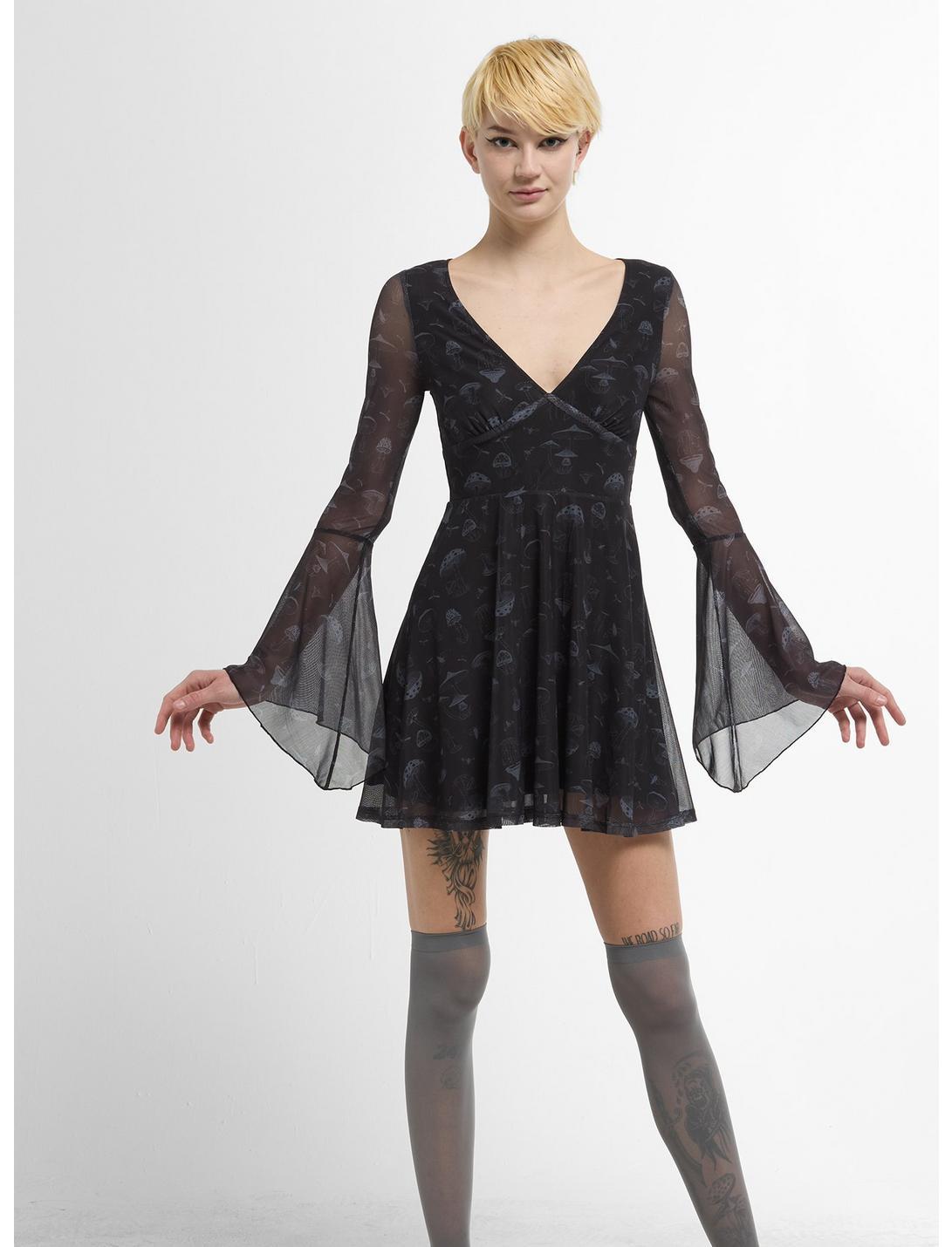 Thorn & Fable Black Mushroom Mesh Bell Sleeve Dress Product Image