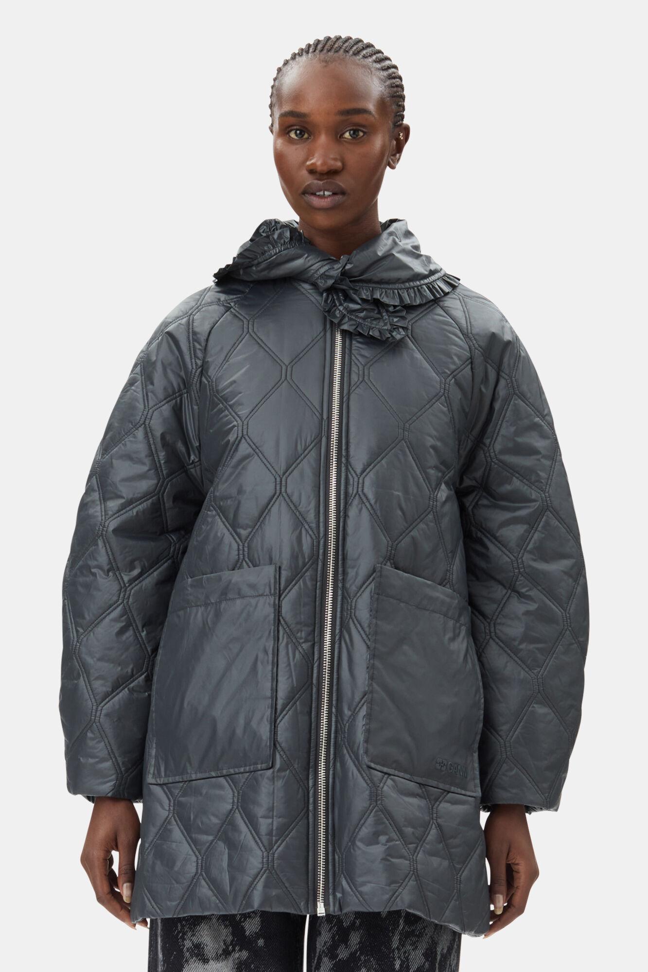Black Shiny Quilt Midi Jacket Product Image