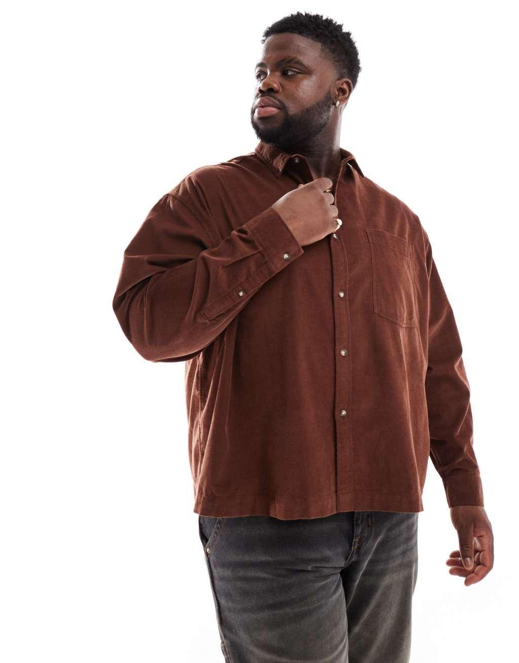 ASOS DESIGN boxy oversized cord shirt in brown Product Image