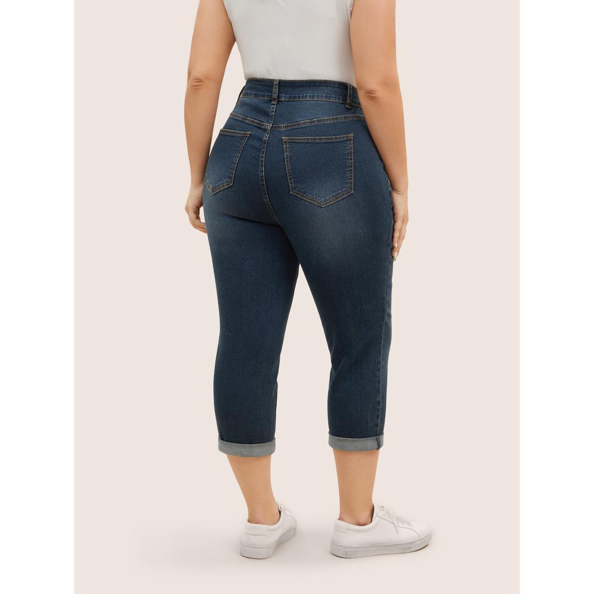 Plus Size Vintage Slanted Pocket Roll Hem Jeans Women DarkBlue Casual High stretch Slanted pocket Jeans BloomChic 30/6X Product Image