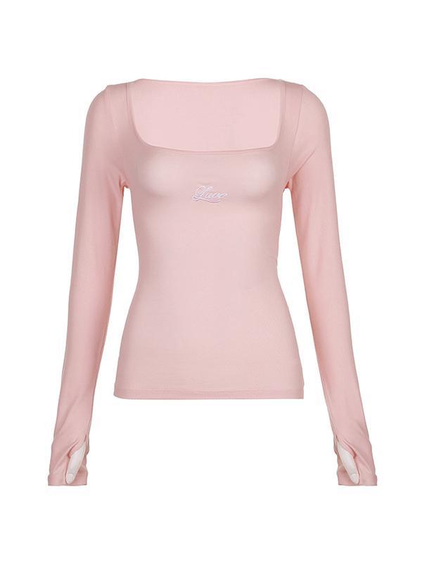 Tie Back Letter Embroidered Print Long Sleeve Tee Product Image