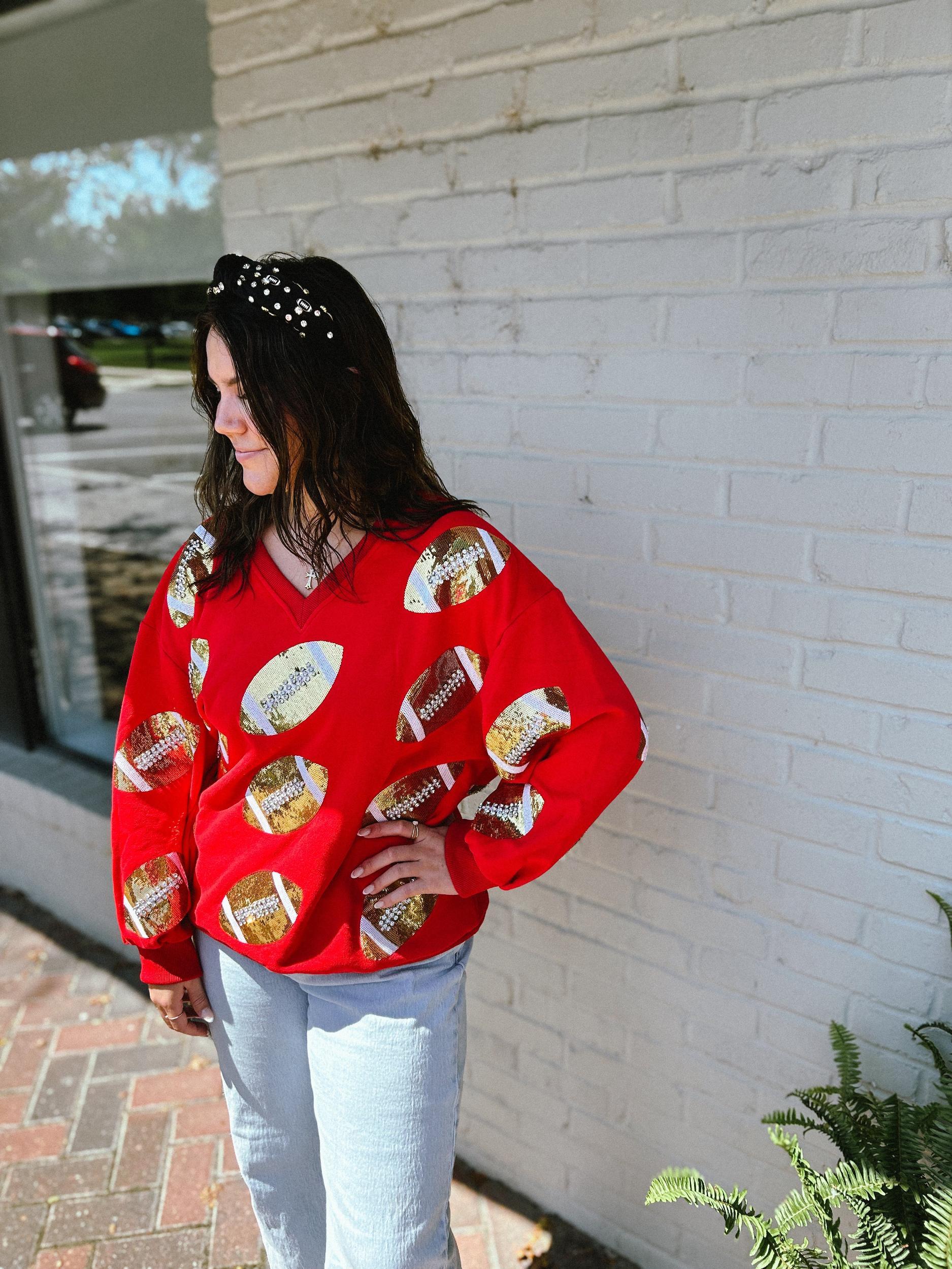 Red & Gold Rhinestone Lace Football Sweatshirt Product Image