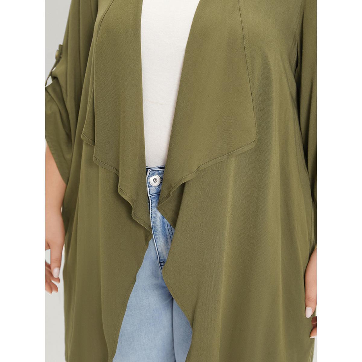 Plus Size Supersoft Essentials Plain Pocket Button Ruffle Open Front Kimono Women ArmyGreen Casual Plain Loose Pocket Dailywear Kimonos BloomChic 30/6X Product Image