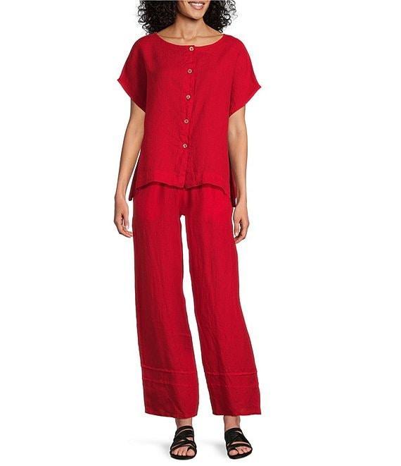 Bryn Walker Bessie Light Linen Crew Neck Cap Sleeve Boxy Button Front Shirt Product Image