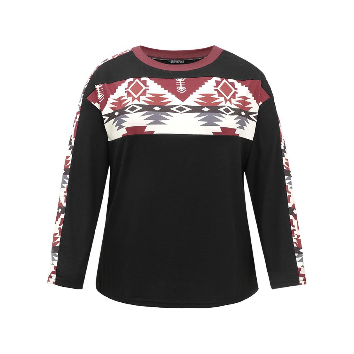 Plus Size Geometric Patchwork Contrast Round Neck T-shirt Black Women Casual Printed Bohemian Print Round Neck Dailywear T-shirts BloomChic 10/M Product Image
