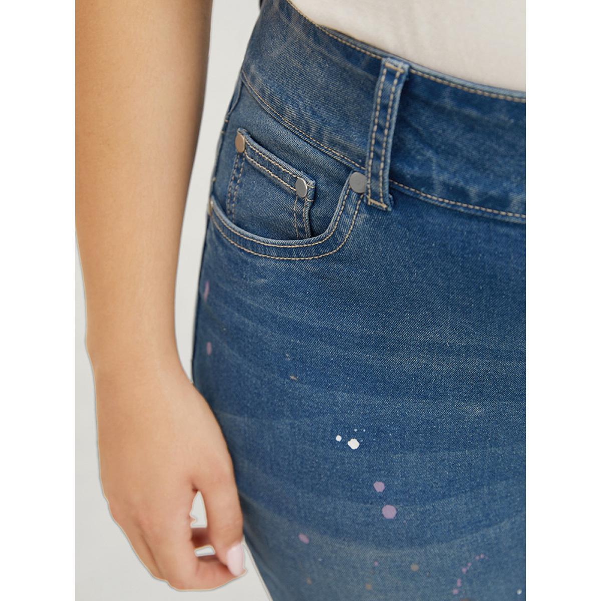 Plus Size Very Stretchy High Rise Medium Wash Paint Patched Jeans Women Blue Casual Plain Printed High stretch Pocket Jeans BloomChic 18/2X Product Image