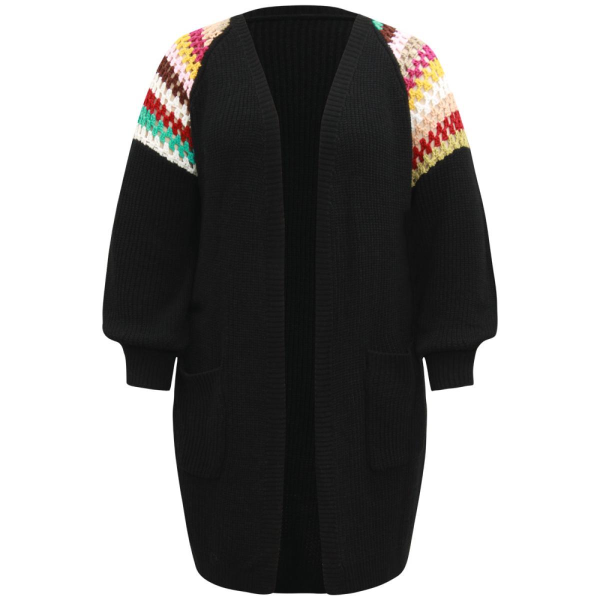 Plus Size Rainbow Embroidered Raglan Sleeve Open Front Cardigan Black Women Casual Loose Long Sleeve Dailywear Cardigans BloomChic 28/5X Product Image