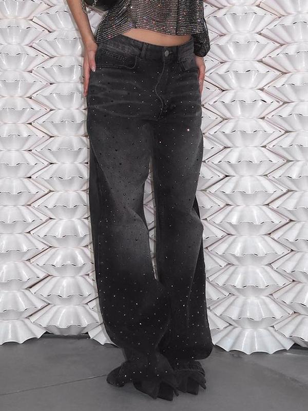 Wash Distressed Rhinestone High Rise Boyfriend Jeans Product Image