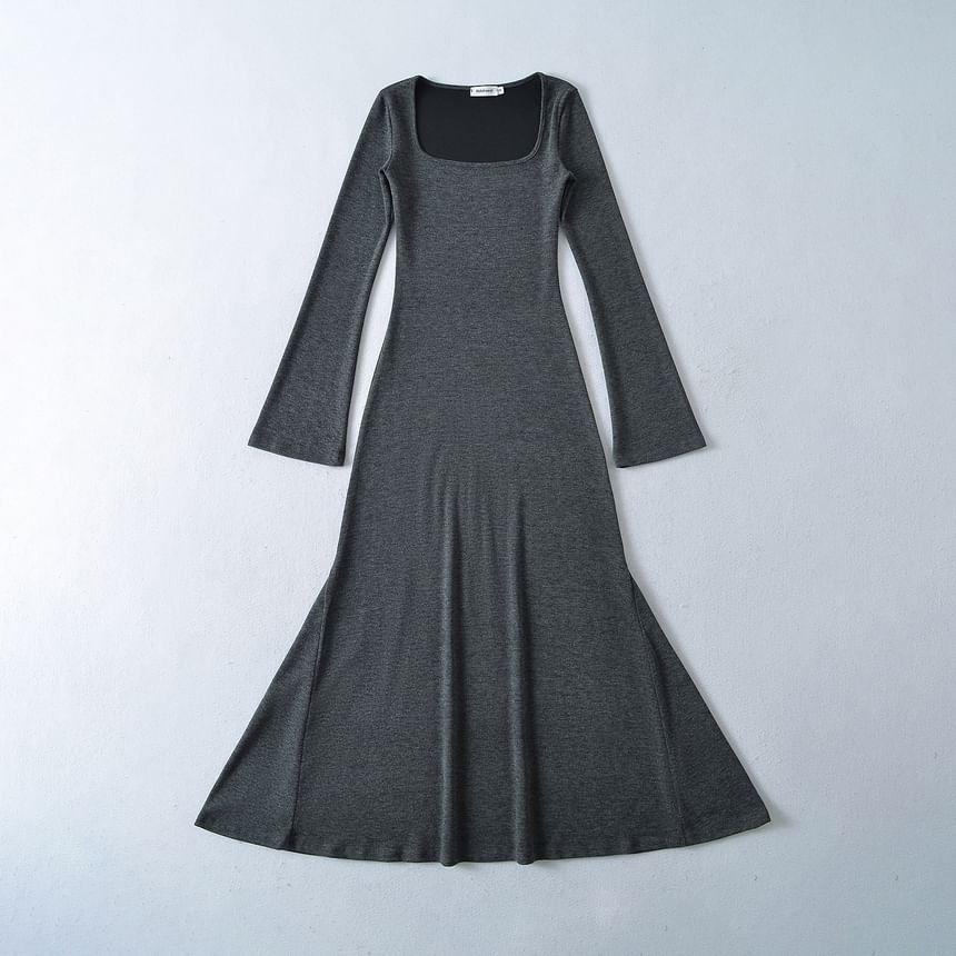 Long-Sleeve Square-Neck Plain Midi Bodycon Dress Product Image