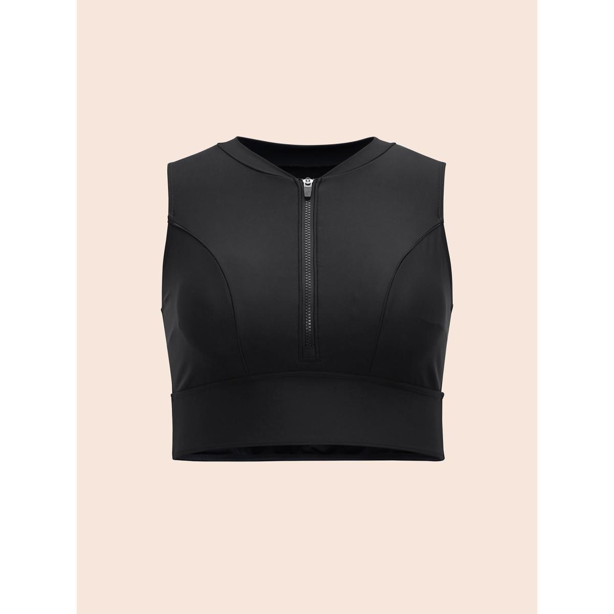 Plus Size Glide Lock Zipper Plain Fitted Swim Top Women's Swimwear Black Beach High stretch Skinny V-neck Curve Swim Tops BloomChic 10/M Product Image