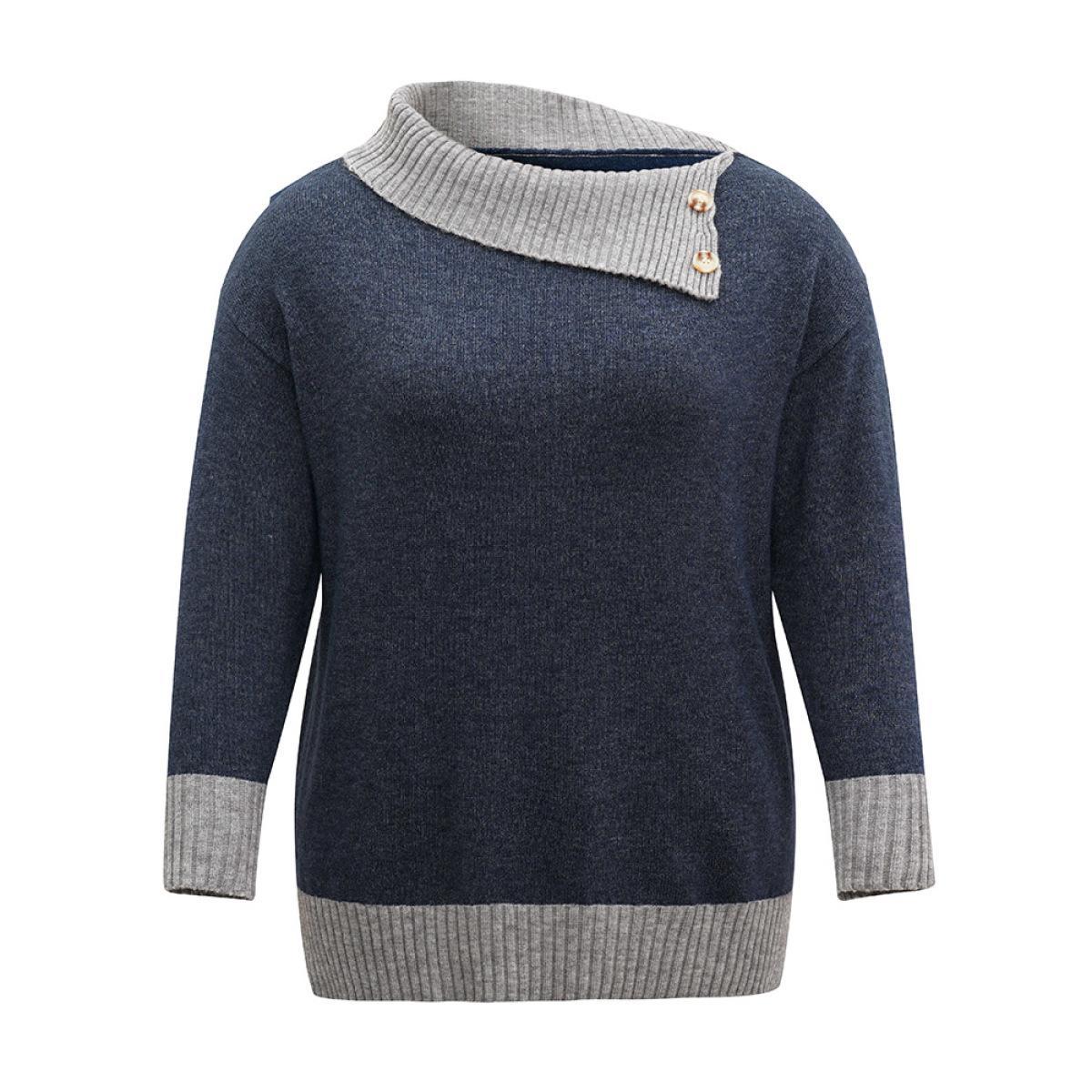 Plus Size Two Tone Button Detail Lapel Collar Pullover Midnight Women Casual Loose Long Sleeve Lapel Collar Dailywear Pullovers BloomChic 12/L Product Image