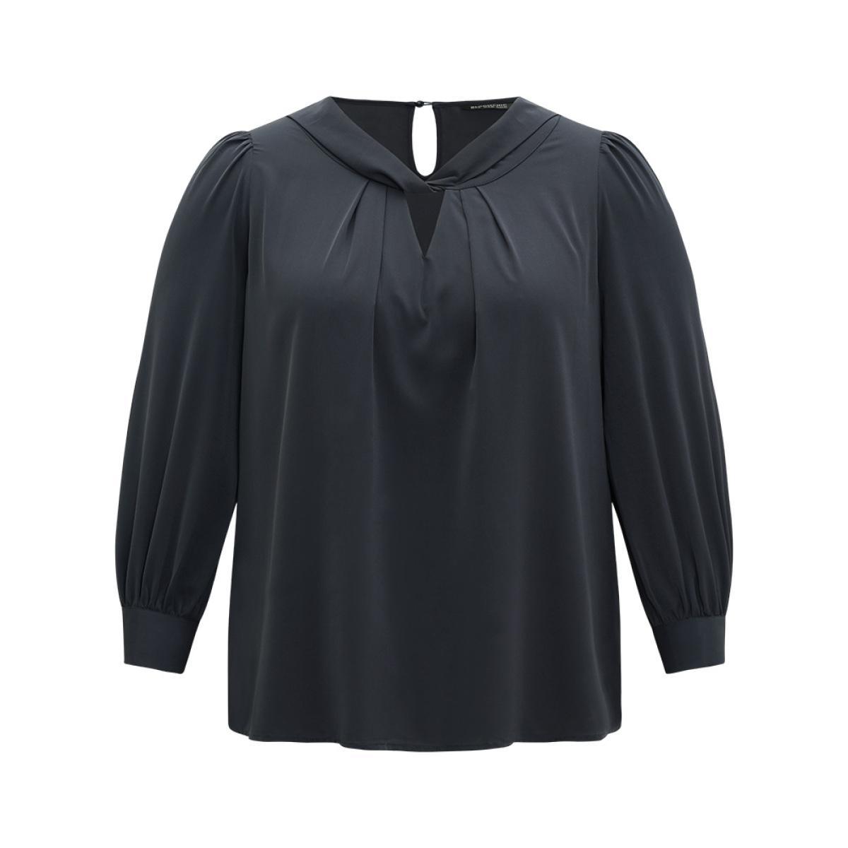 Plus Size Midnight Plain Twist Neck Keyhole Lantern Sleeve Blouse Women Office Long Sleeve Round Neck Work Blouses BloomChic 12/L Product Image