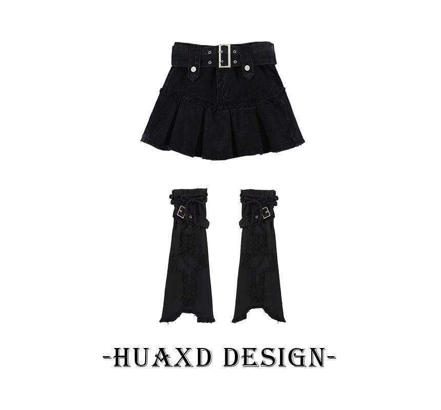 High Waist Plain Mini Pleated Skirt / Leg Warmers / Set Product Image