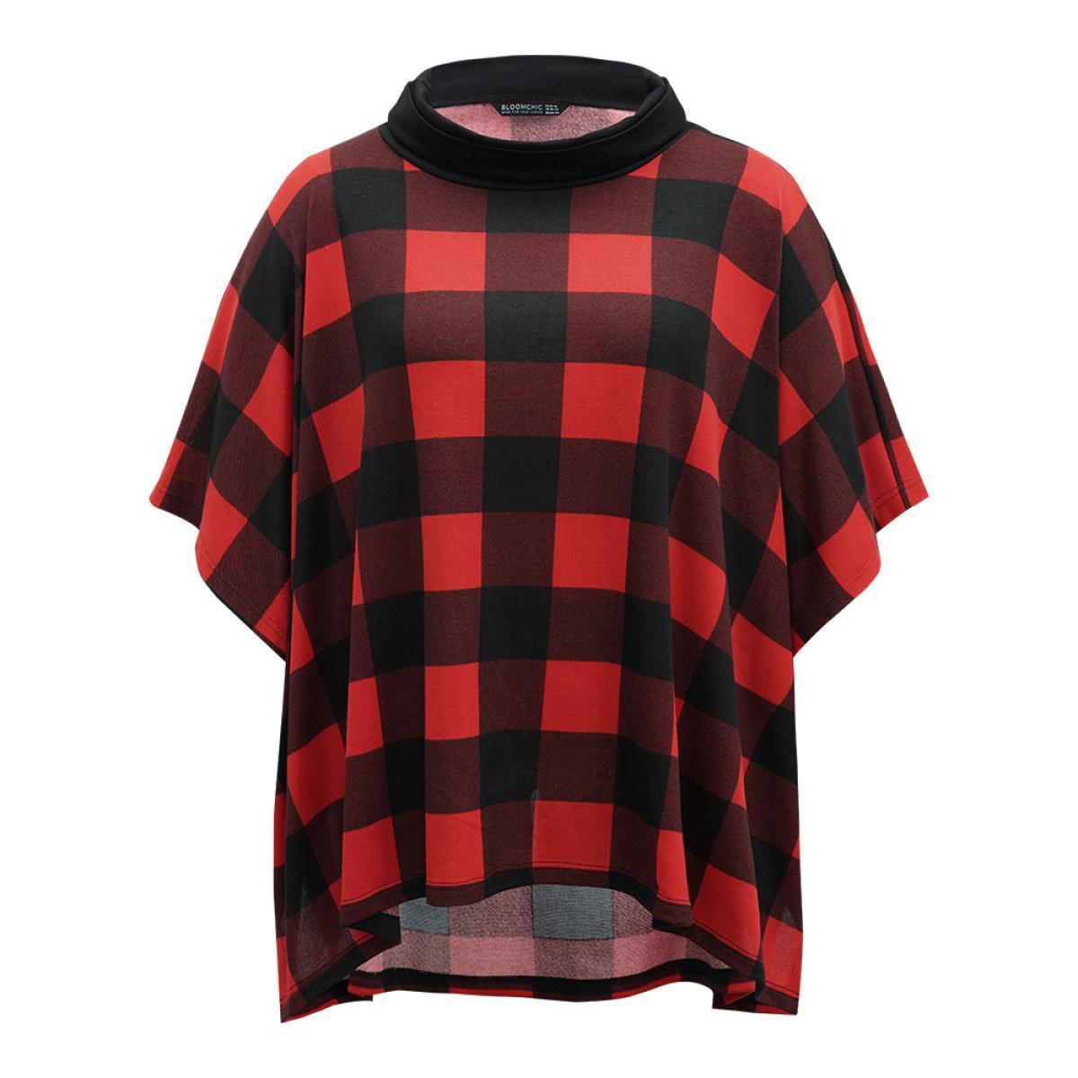 Plus Size Plaid Cowl Neck Dolman Sleeve Asymmetrical Hem Sweatshirt Women Red Casual Contrast Cowl Neck Festival-Christmas Sweatshirts BloomChic 14-16/1X Product Image