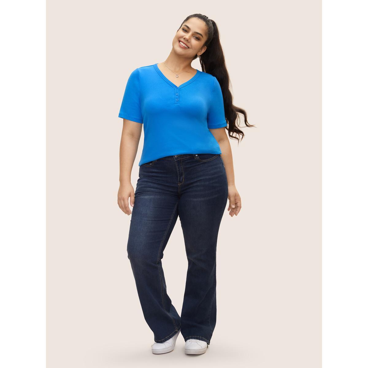 Plus Size Cotton V Neck Button Up Pit Strip T-shirt Skyblue Women Casual Button V-neck Everyday T-shirts BloomChic 22-24/3X Product Image