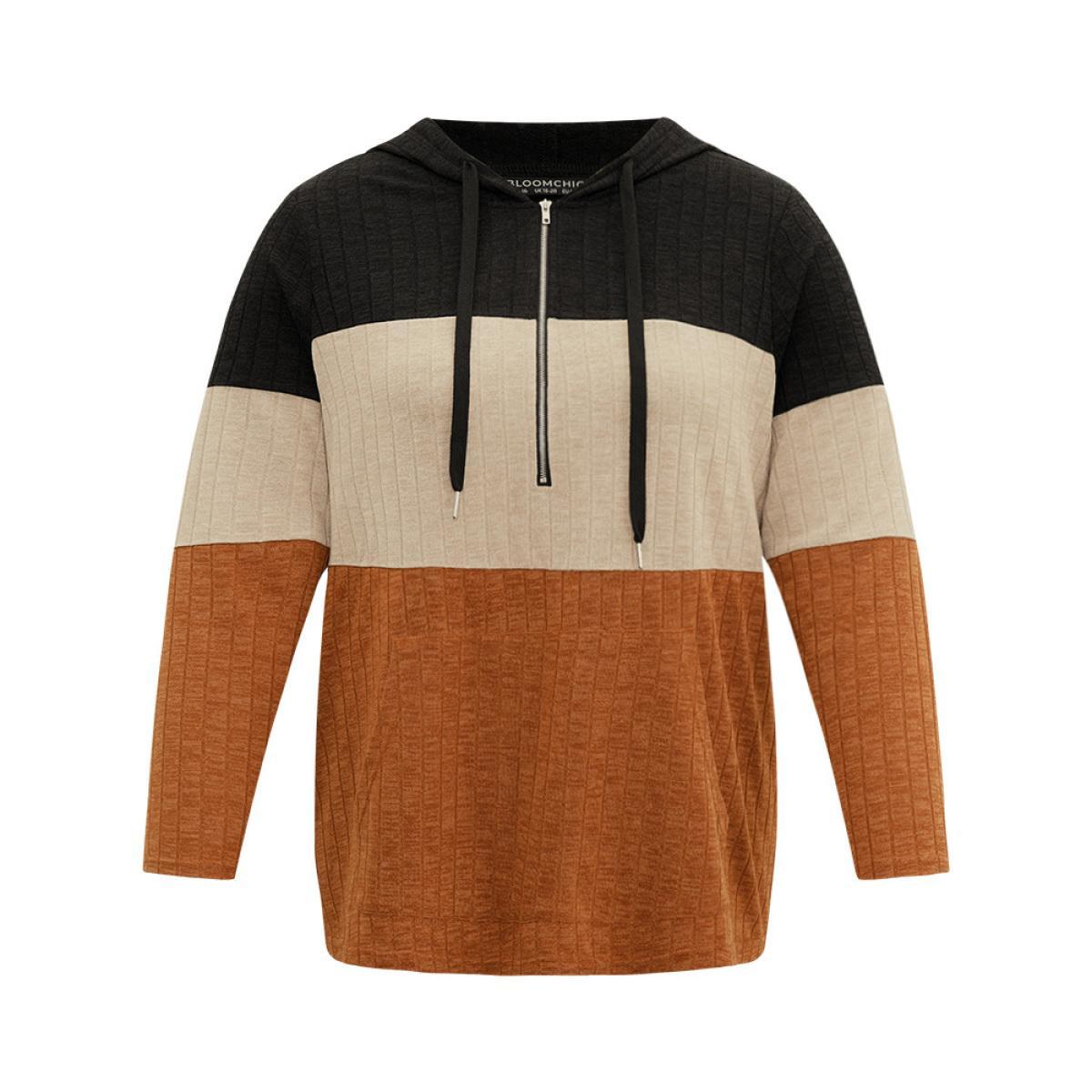 Plus Size Rib Knit Colorblock Contrast Half Zip Hooded Sweatshirt Women Black Casual Texture Hooded Dailywear Sweatshirts BloomChic 26/4X Product Image