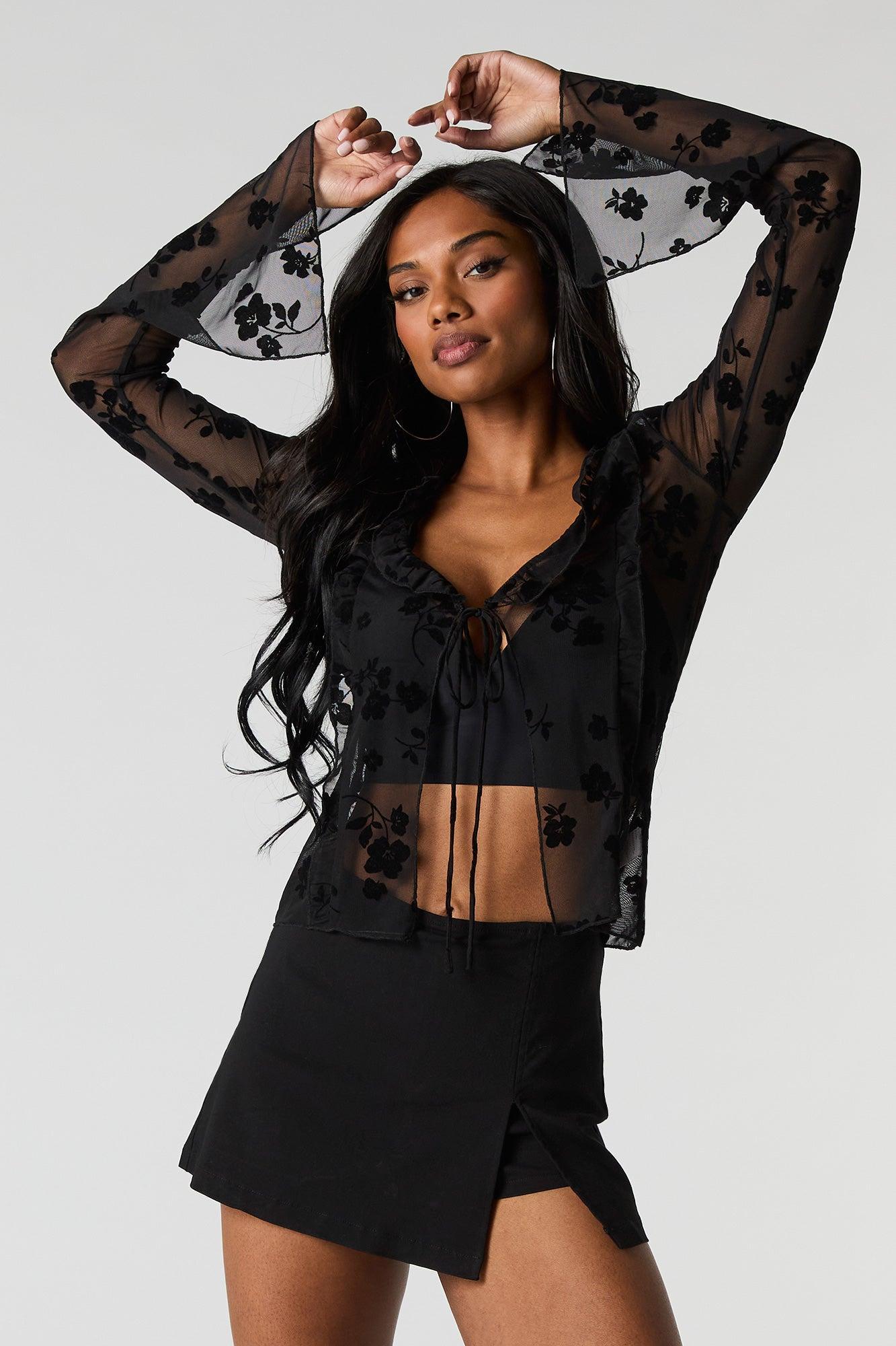 Floral Mesh Tie Front Flyaway Top Female Product Image
