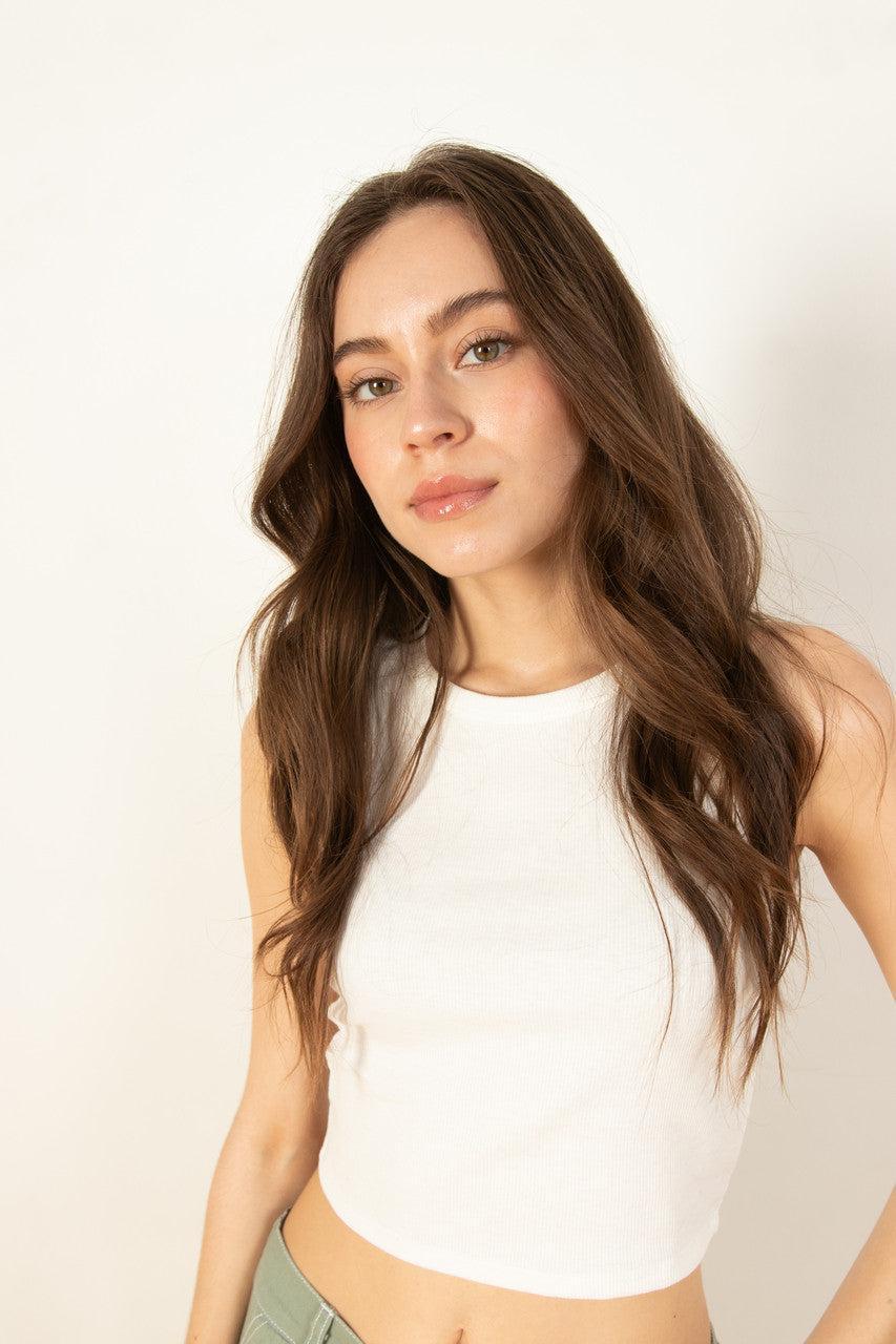 White Ribbed Crop Tank Product Image