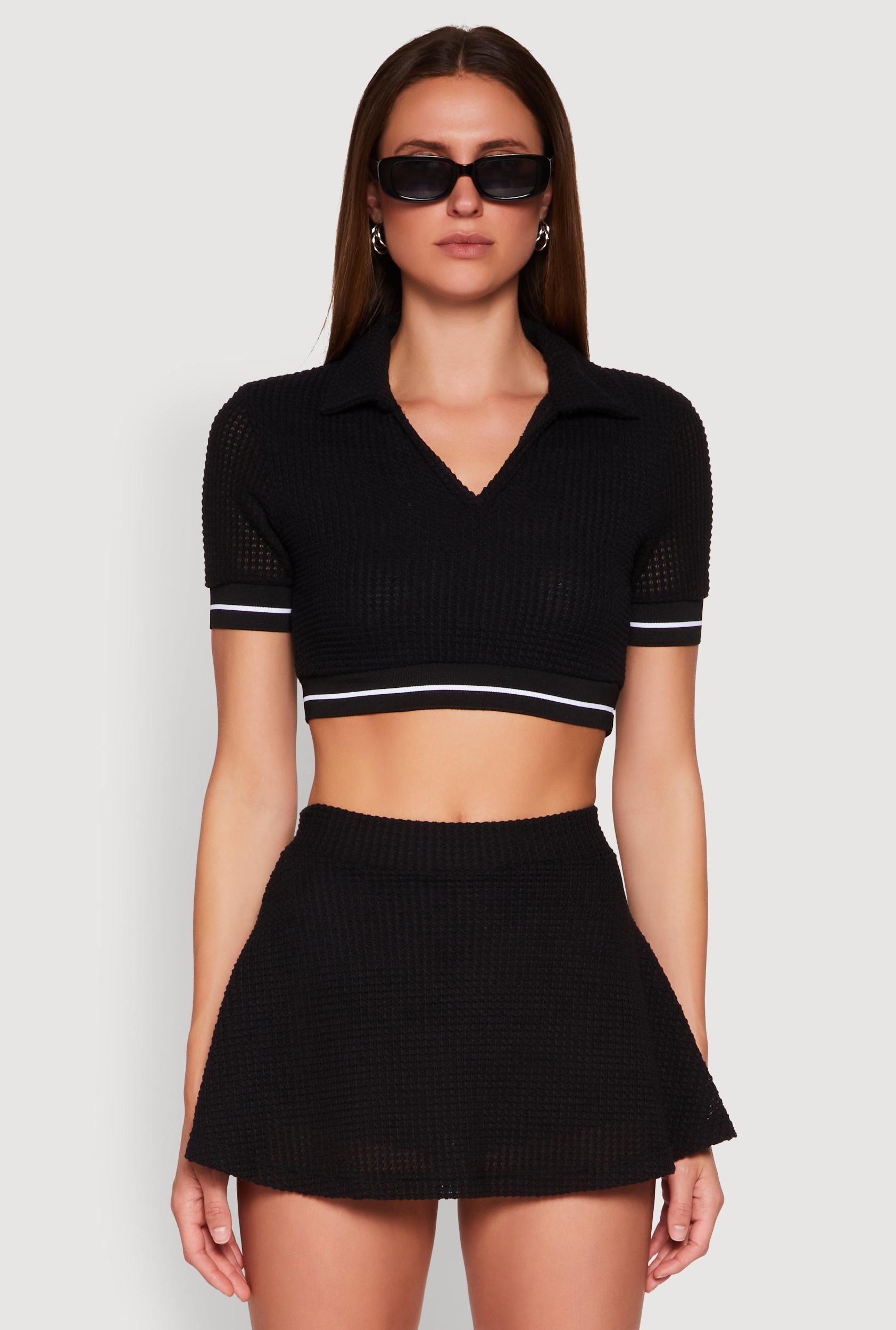 Womens Textured Knit Johnny Collar Crop Top Product Image