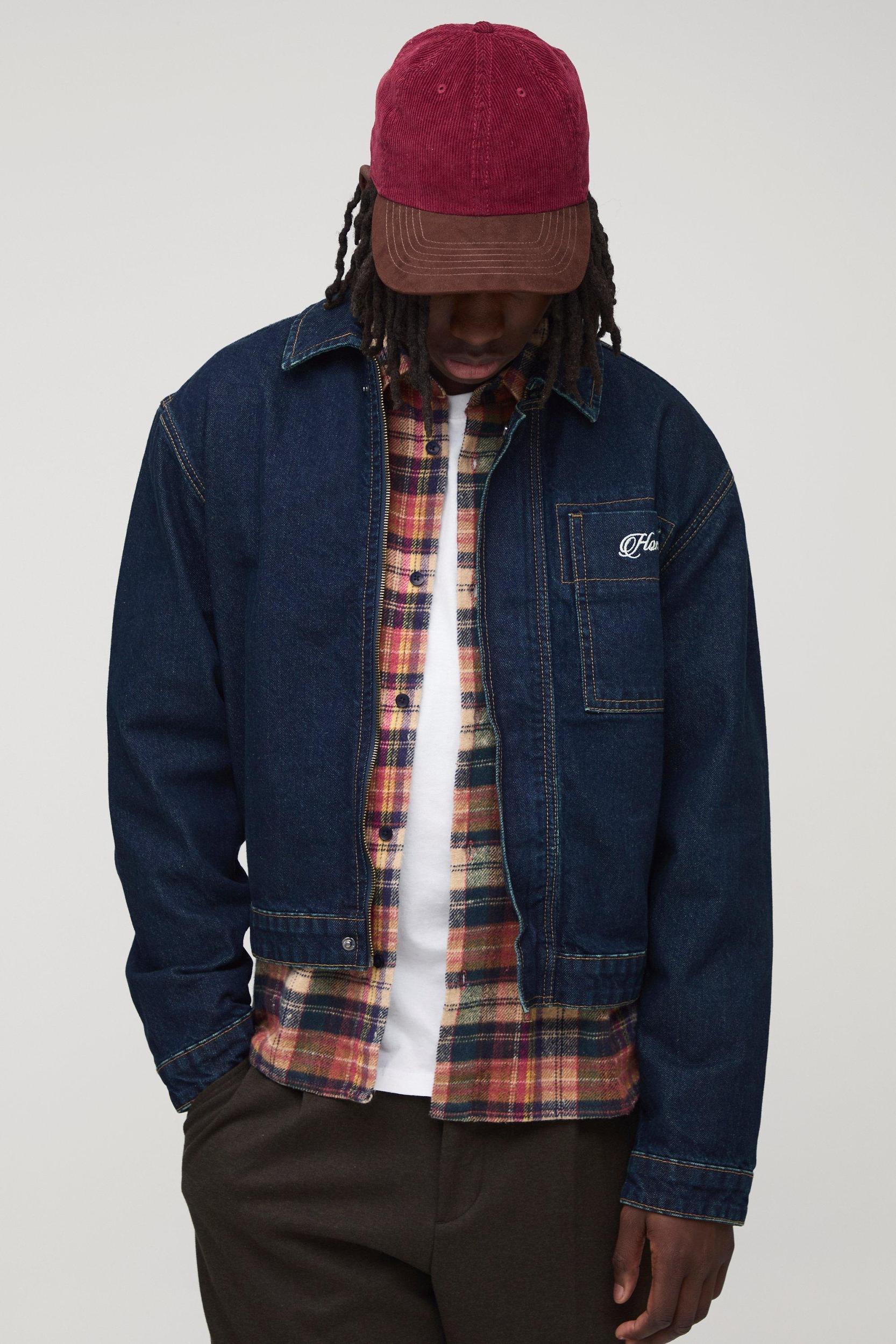 Mens Relaxed Fit Concealed Placket Embroidered Jean Jacket - Blue Product Image