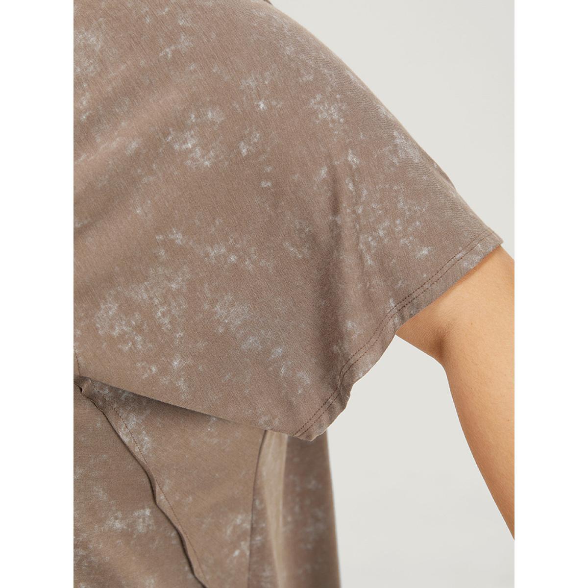 Plus Size Solid Patched Back Raglan Sleeve Heather Vintage T-shirt DarkBrown Women Casual Heather Plain Round Neck Dailywear T-shirts BloomChic 14-16/1X Product Image