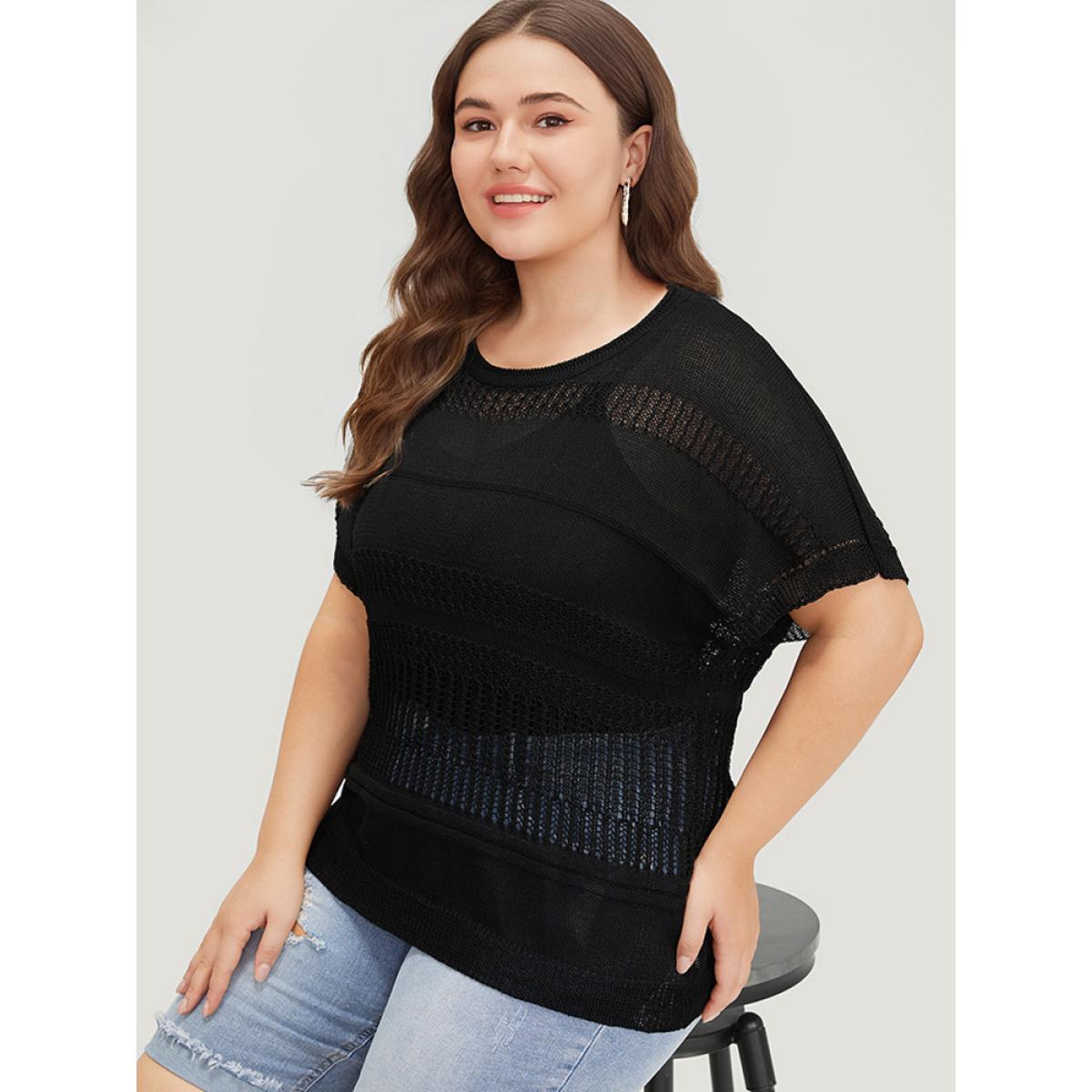 Plus Size Plain Geometric Eyelet Patchwork Batwing Sleeve Pullover Black Women Casual Loose Short sleeve Round Neck Dailywear Pullovers BloomChic 14-16/1X Product Image