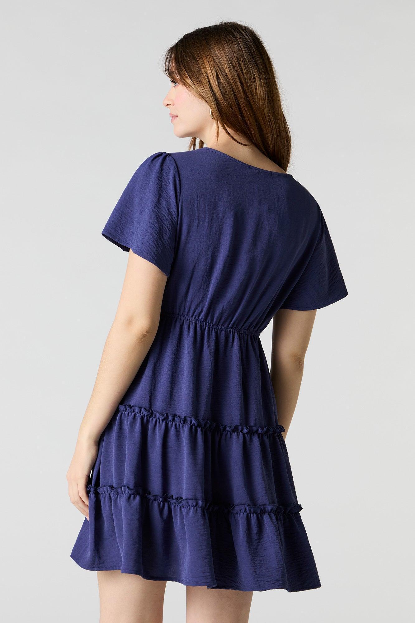 Button Front Short Sleeve Tiered Mini Dress Female Product Image