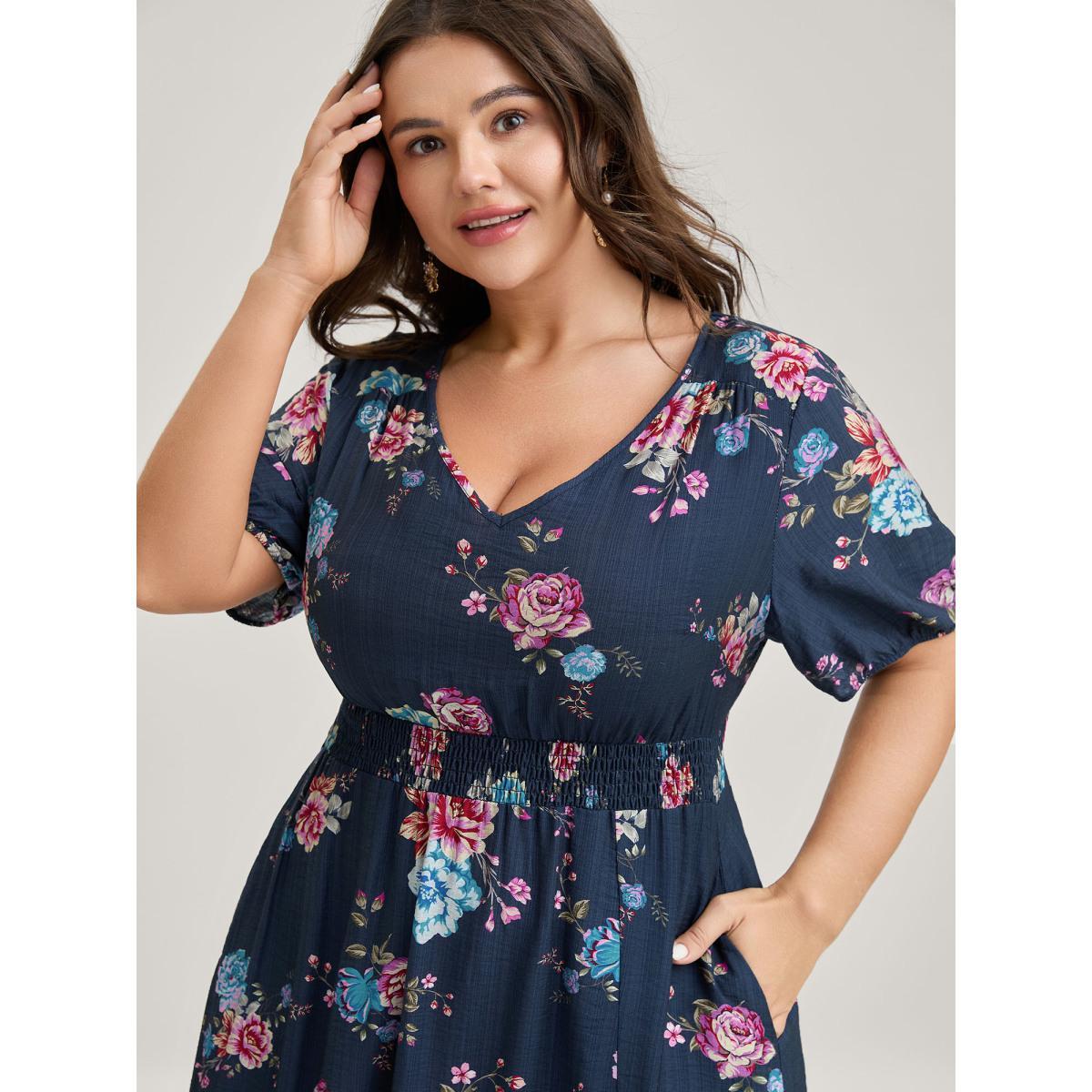 Plus Size Floral Print Shirred Waist Slit Midi Dress DarkBlue Women Slit V-neck Short sleeve Curvy BloomChic 14-16/1X Product Image