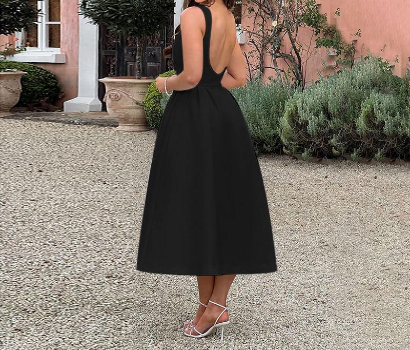 Sleeveless Round Neck Plain A-Line Midi Dress Product Image