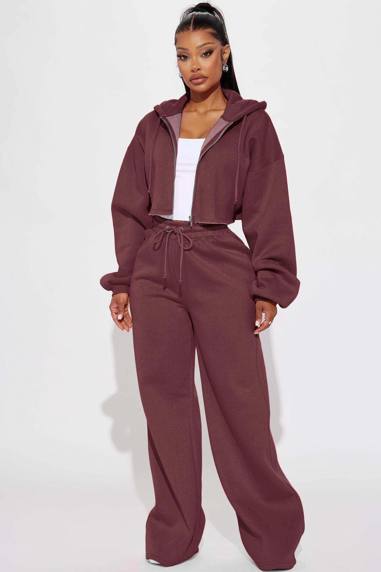 On The Go Fleece Pant Set - Burgundy Female Product Image