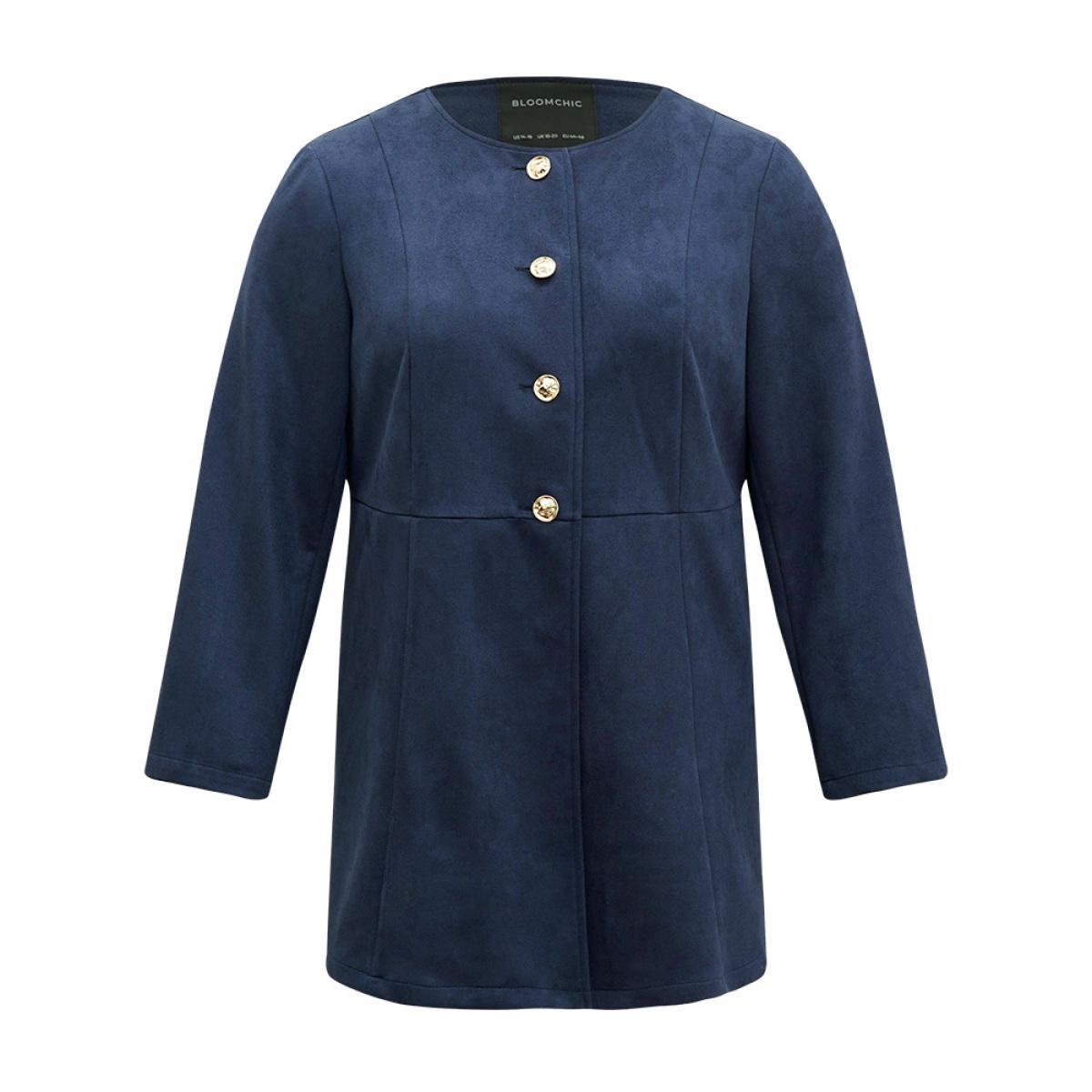 Plus Size Plain Pleated Metal Detail Jacket Women DarkBlue Casual Plain Ladies Dailywear Winter Coats BloomChic 30/6X Product Image