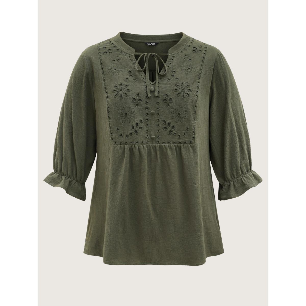 Plus Size ArmyGreen Broderie Anglaise Tie Knot Lantern Sleeve Blouse Women Resort Elbow-length sleeve Notched collar Vacation Blouses BloomChic 26/4X Product Image