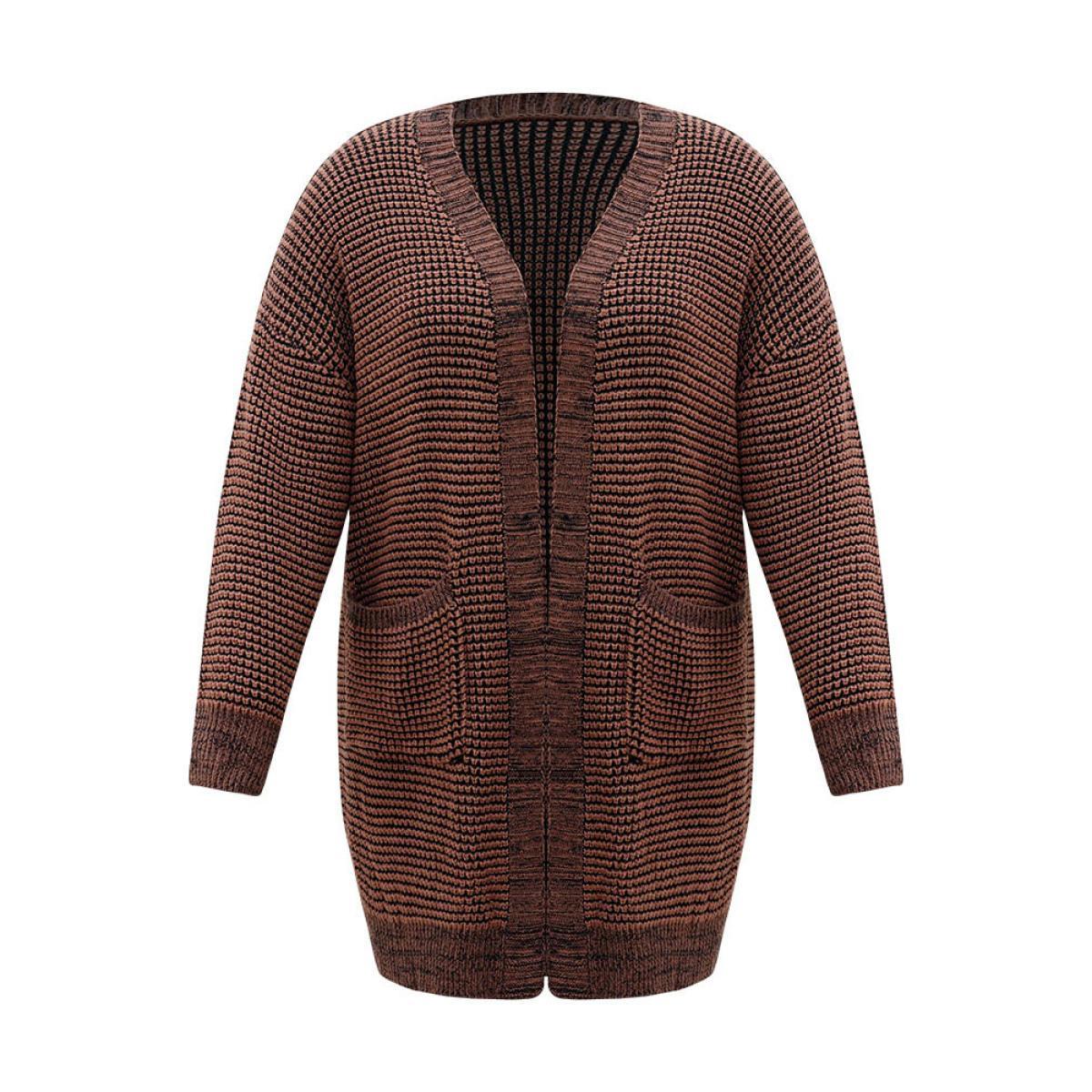 Plus Size Plisse Plain Patched Pocket Tunic Cardigan DarkBrown Women Casual Loose Long Sleeve Dailywear Cardigans BloomChic 22-24/3X Product Image