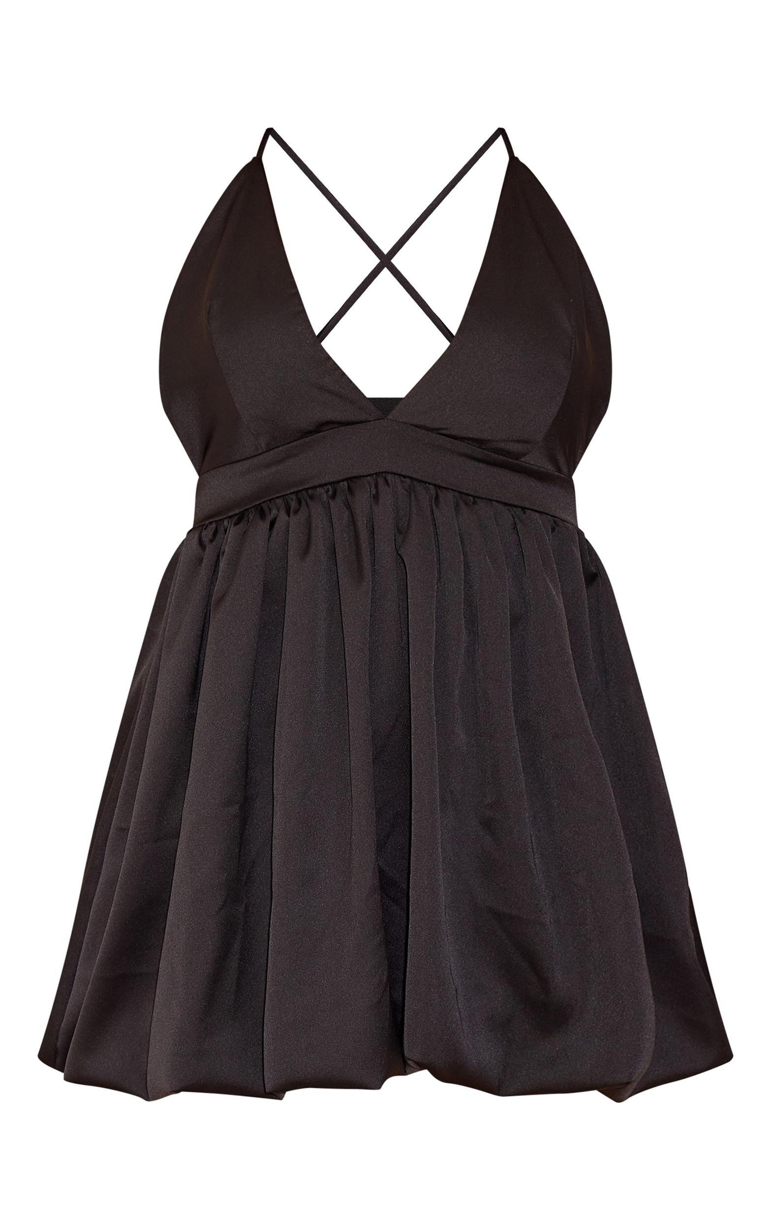 Black Satin Plunge Puffball Mini Dress Product Image
