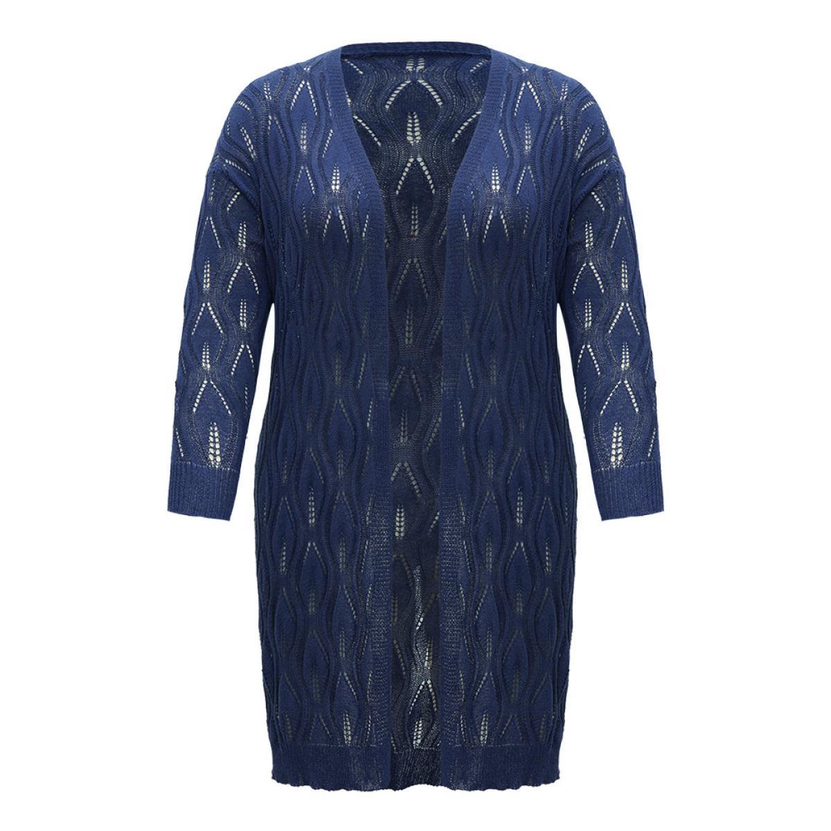 Plus Size Plain Geometric Eyelet Open Front Maxi Cardigan Indigo Women Casual Loose Long Sleeve Everyday Cardigans BloomChic 26/4X Product Image