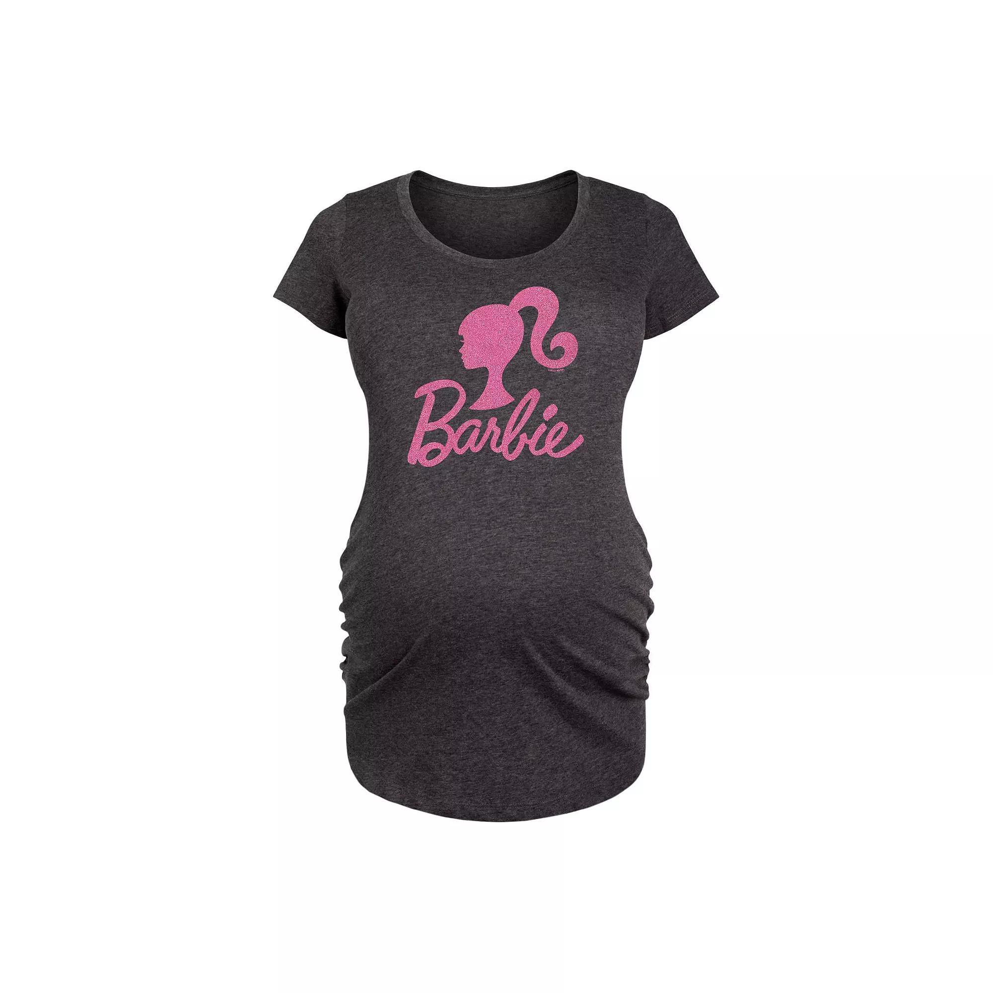 Maternity Barbie Logo Pink Glitter Graphic Tee, Womens Blue Product Image