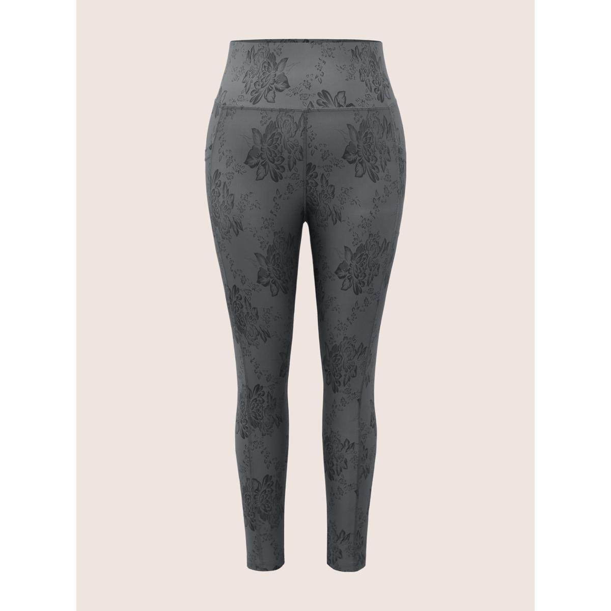Plus Size Floral Print Elastic Waist Pocket Side Leggings Women DimGray Elegant High stretch High Rise Everyday Leggings BloomChic 22-24/3X Product Image