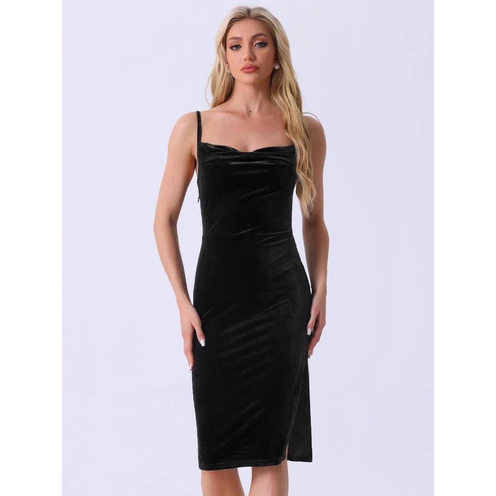 INSPIRE CHIC Women's Sleeveless Spaghetti Strap Cowl Neck Slit Cocktail Midi Velvet Dress Product Image