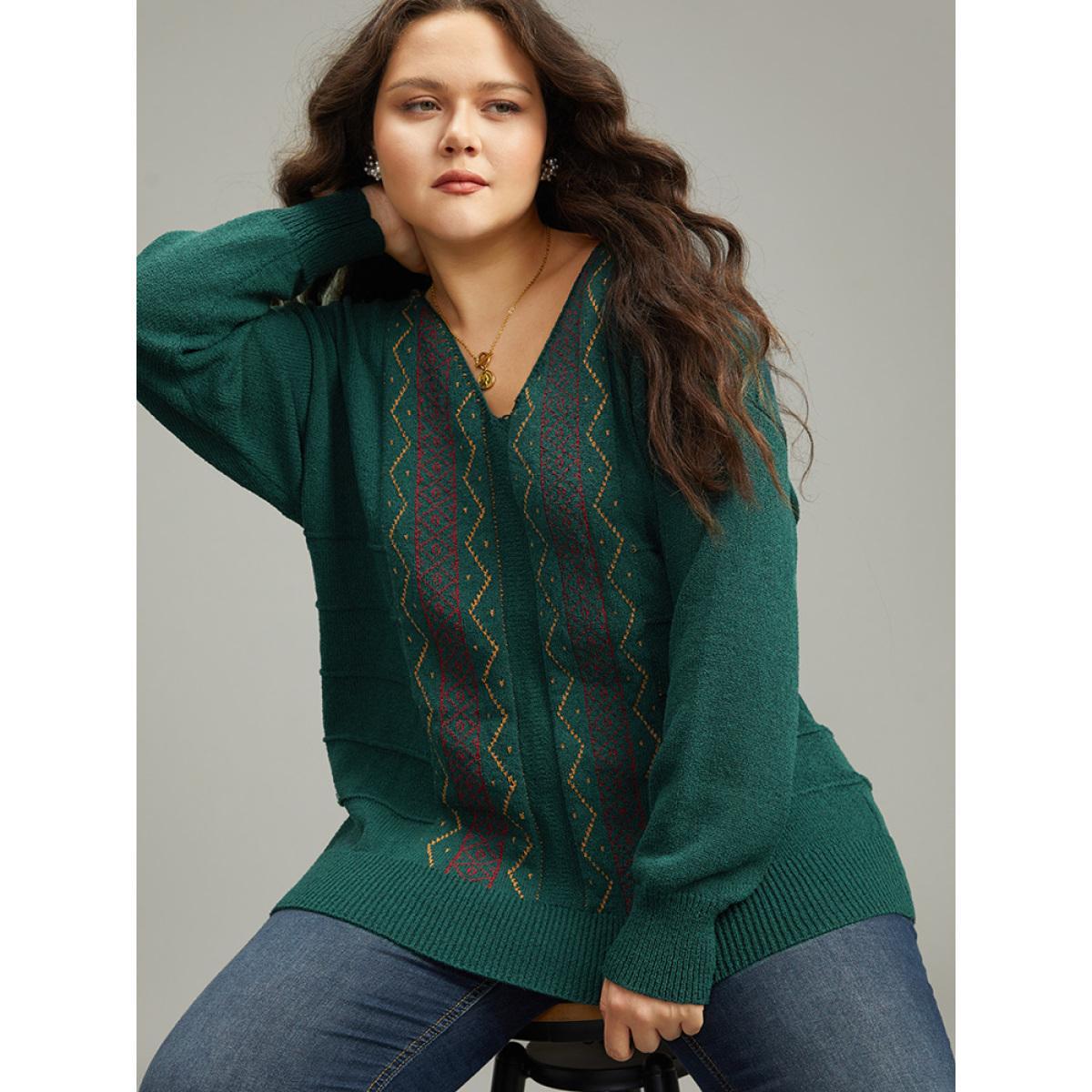 Plus Size Bandana Embroidered Drop Shoulder Elastic Cuffs Pullover DarkGreen Women Casual Loose Long Sleeve V-neck Dailywear Pullovers BloomChic 22-24/3X Product Image