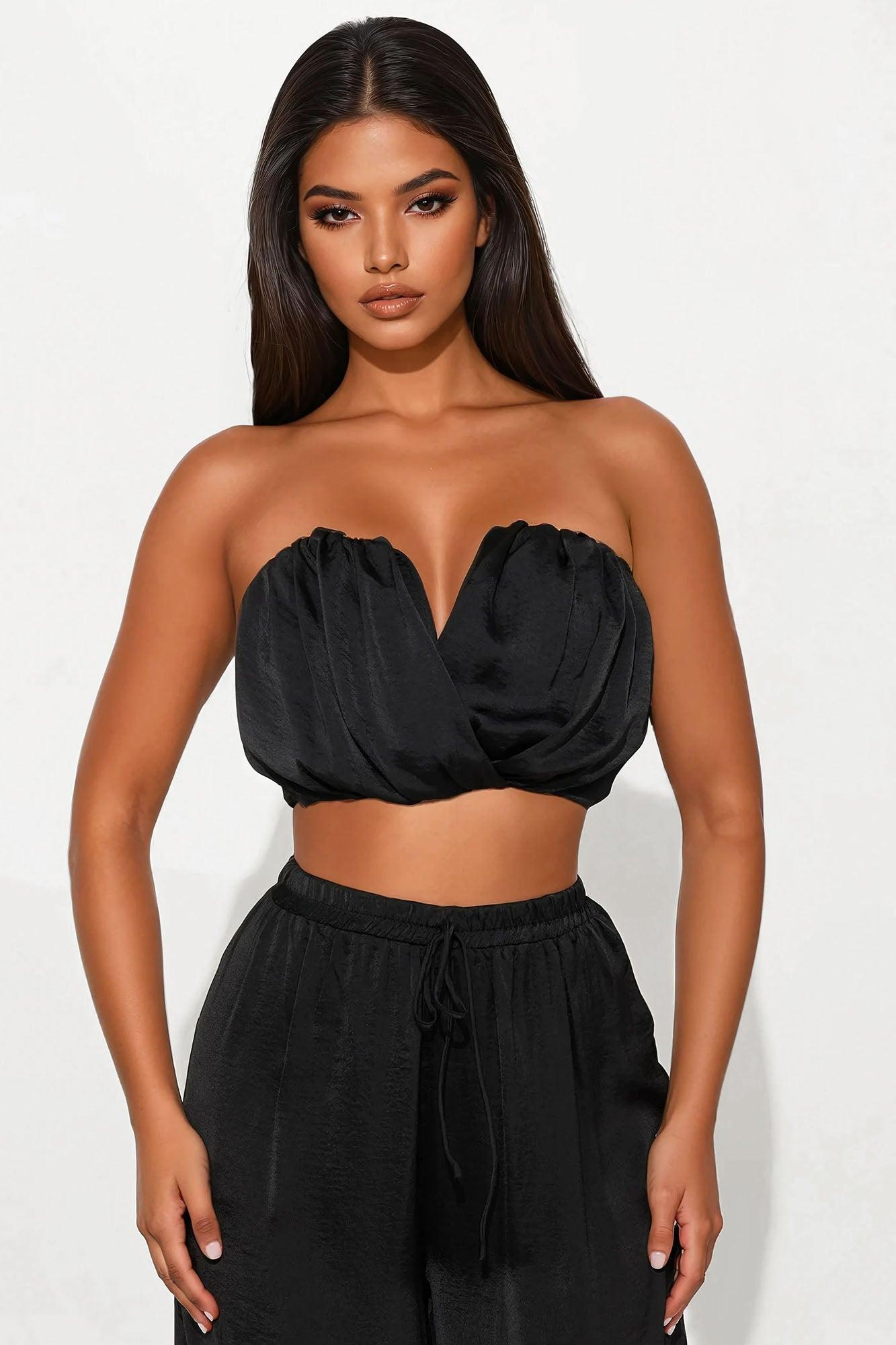 Eloise Satin Tube Top And Wide Leg Pant Set - Black Product Image